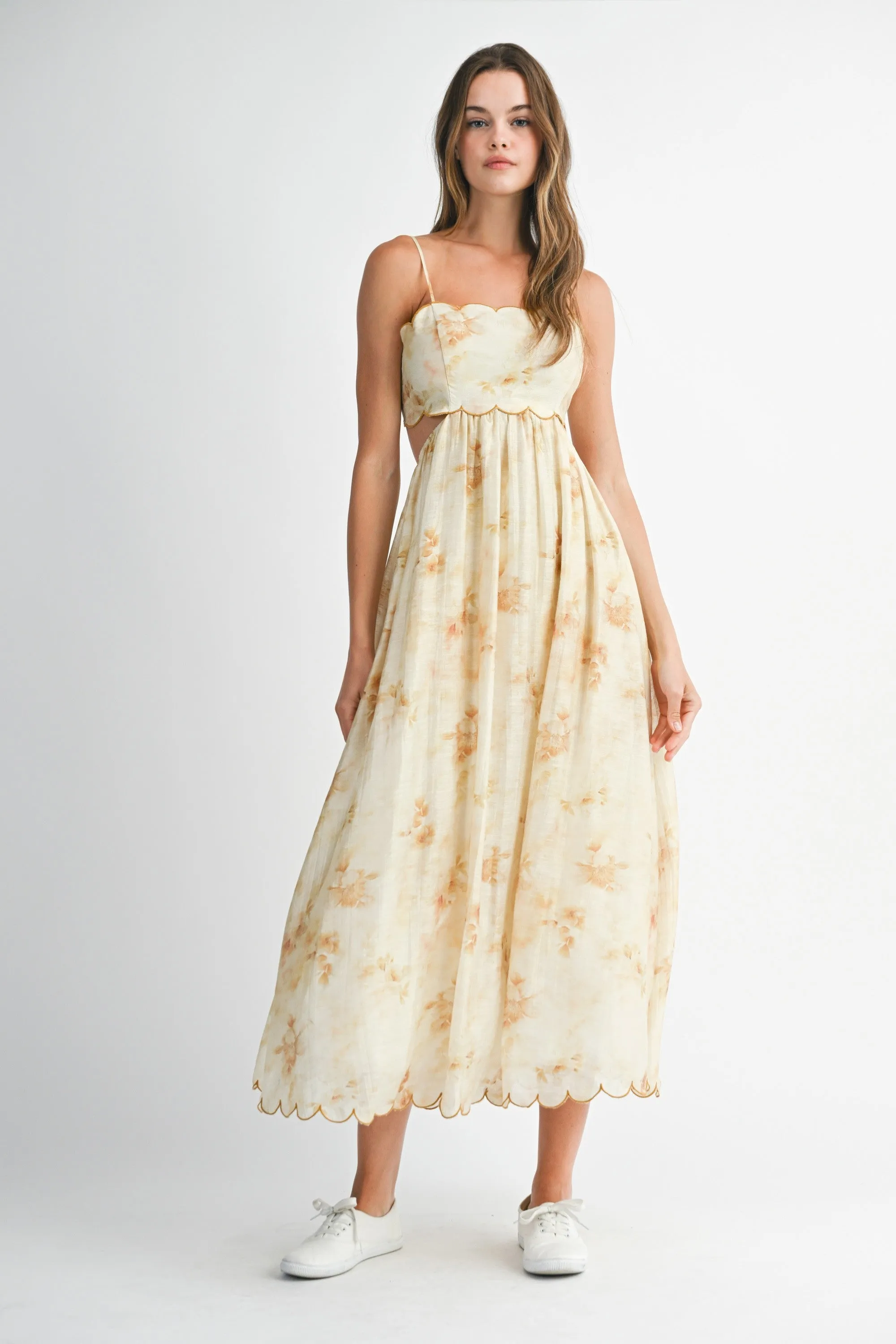 Yellow Faded Floral Scallop Edge Cutout Midi Dress sold by Pinkblush