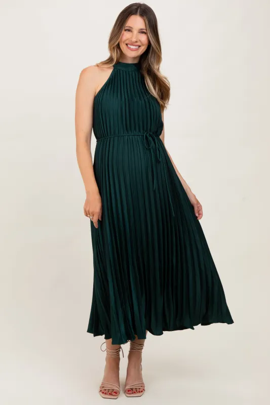 Forest Green Pleated Maternity Halter Dress sold by Pinkblush