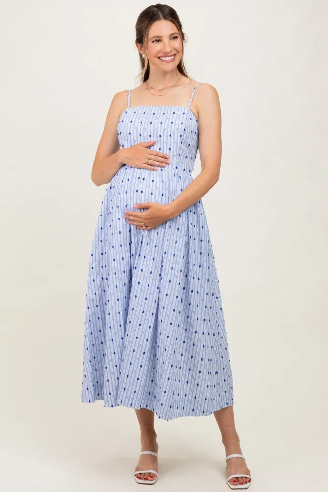 Blue Striped Swiss Dot Sleeveless Maternity Midi Dress sold by Pinkblush
