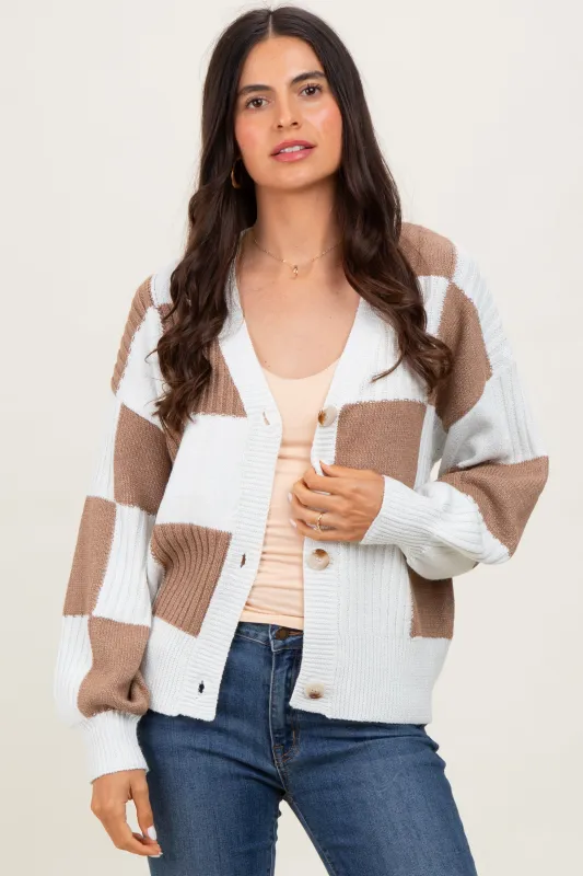 Mocha Checkered Rib Bubble Sleeve Button Cardigan sold by Pinkblush