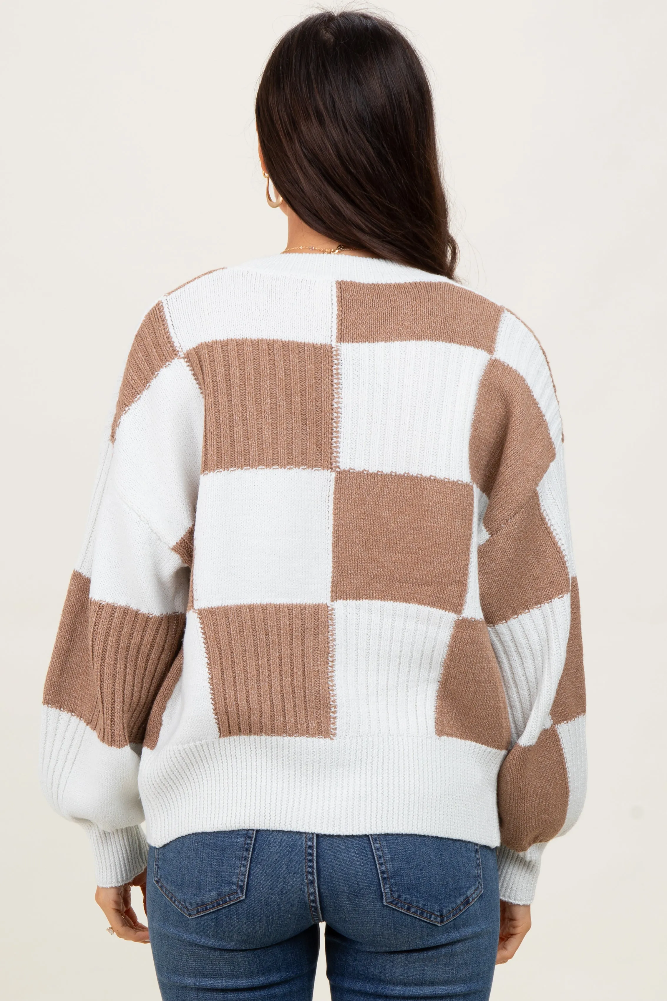 Mocha Checkered Rib Bubble Sleeve Button Cardigan sold by Pinkblush product image thumbnail 4