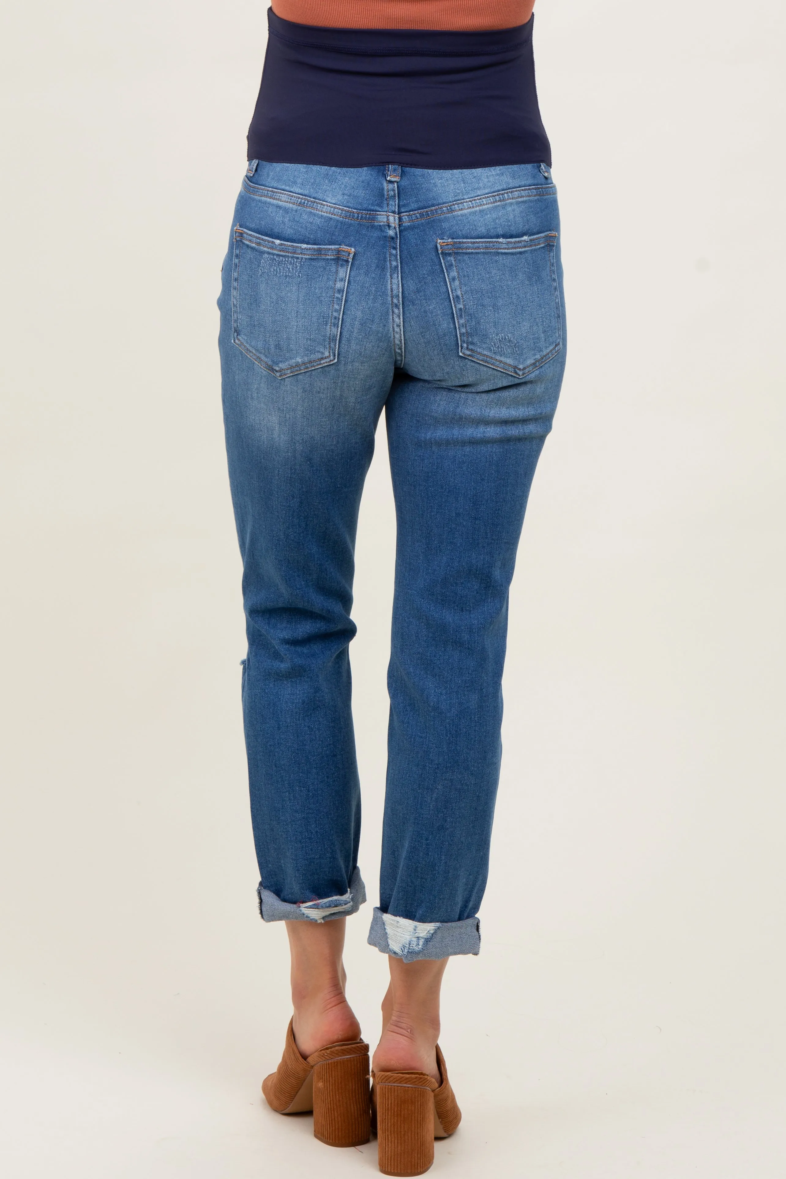 Blue High Rise Distressed Cuffed Boyfriend Maternity Jeans sold by Pinkblush product image thumbnail 4