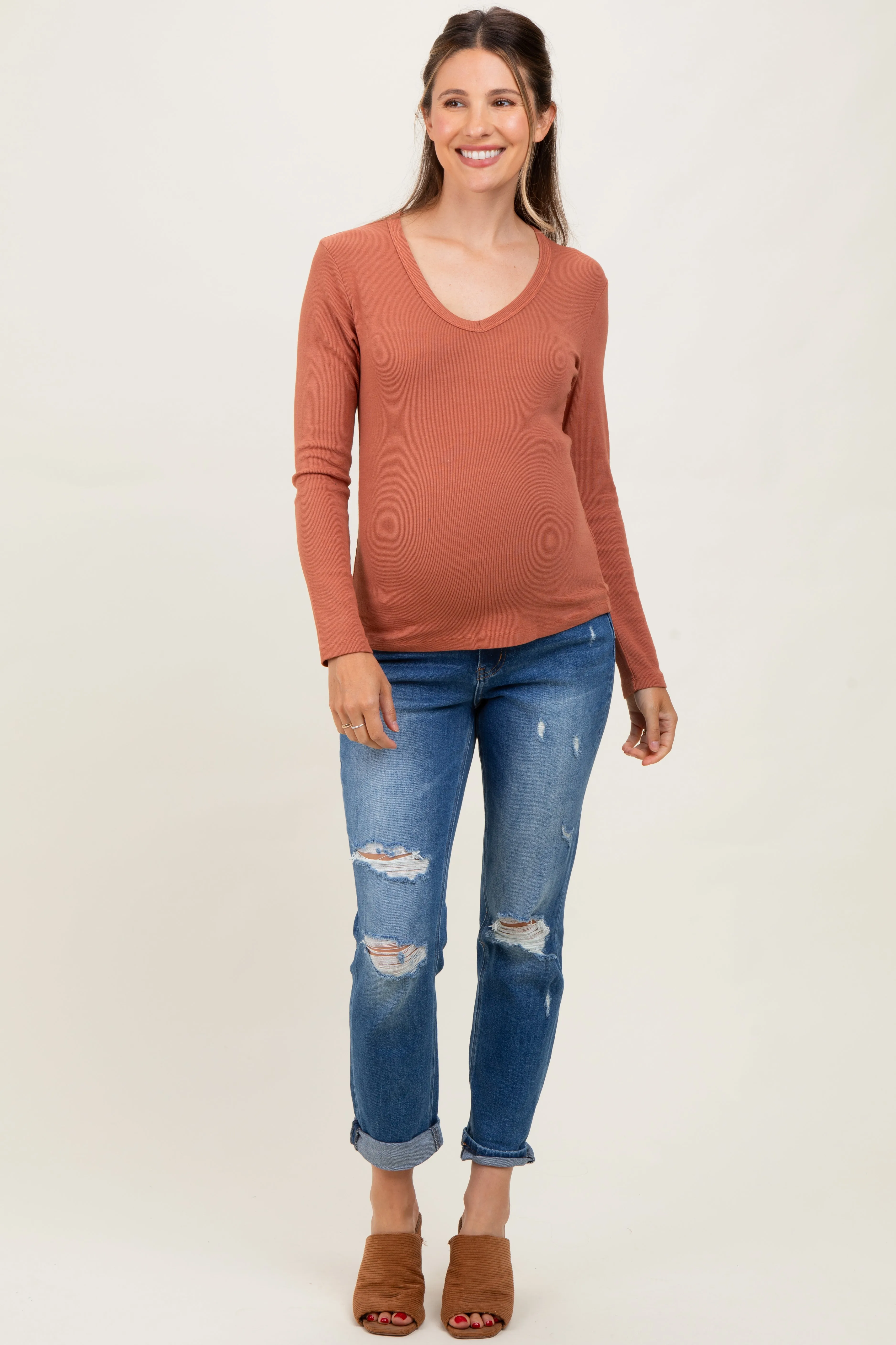 Blue High Rise Distressed Cuffed Boyfriend Maternity Jeans sold by Pinkblush