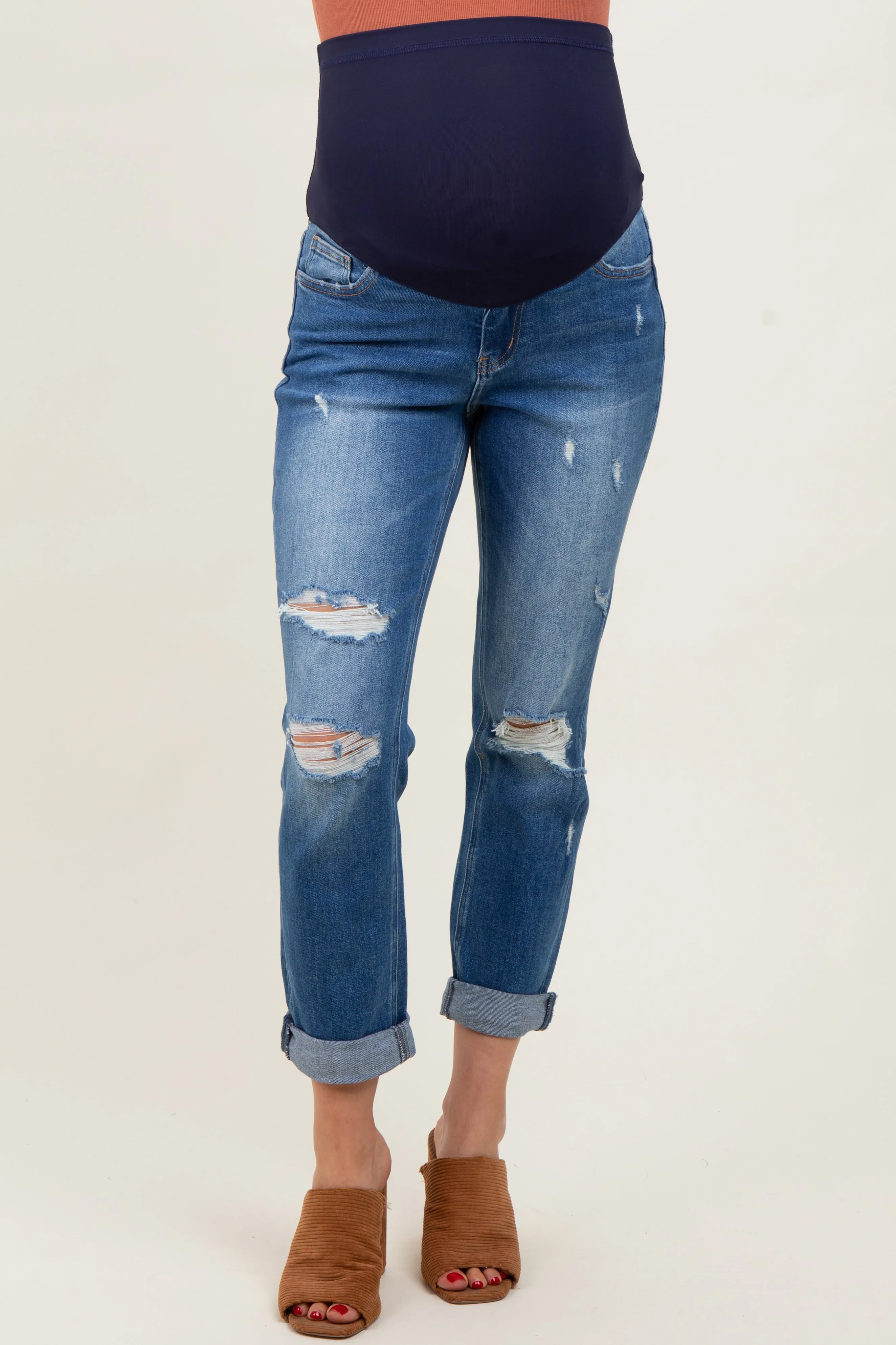 Blue High Rise Distressed Cuffed Boyfriend Maternity Jeans sold by Pinkblush product image thumbnail 2
