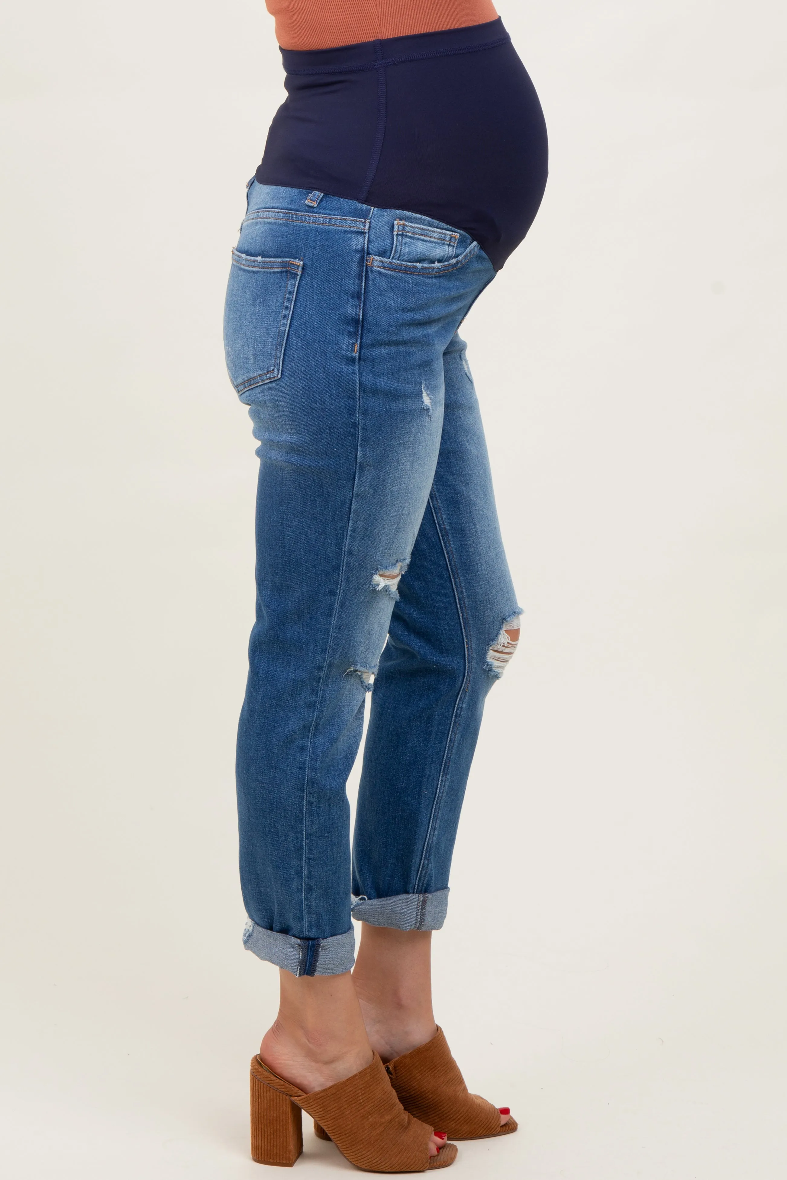 Blue High Rise Distressed Cuffed Boyfriend Maternity Jeans sold by Pinkblush product image thumbnail 3