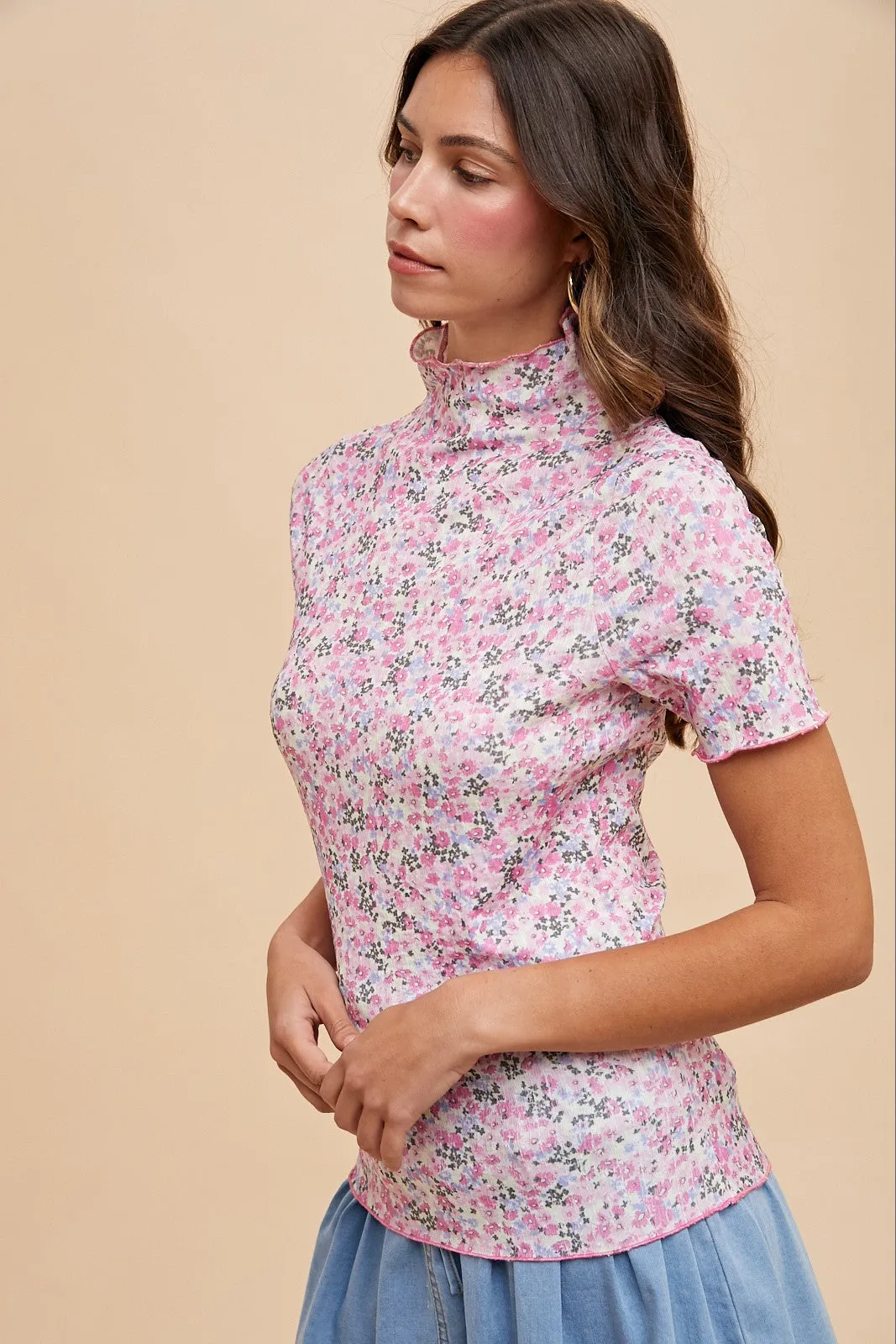 Pink Floral Ruffle Mock Neck Short Sleeve Top sold by Pinkblush product image thumbnail 2