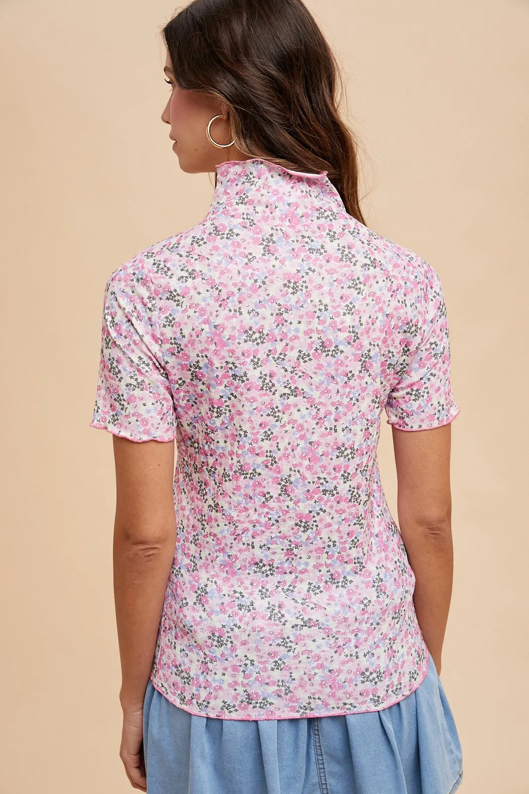Pink Floral Ruffle Mock Neck Short Sleeve Top sold by Pinkblush product image thumbnail 3