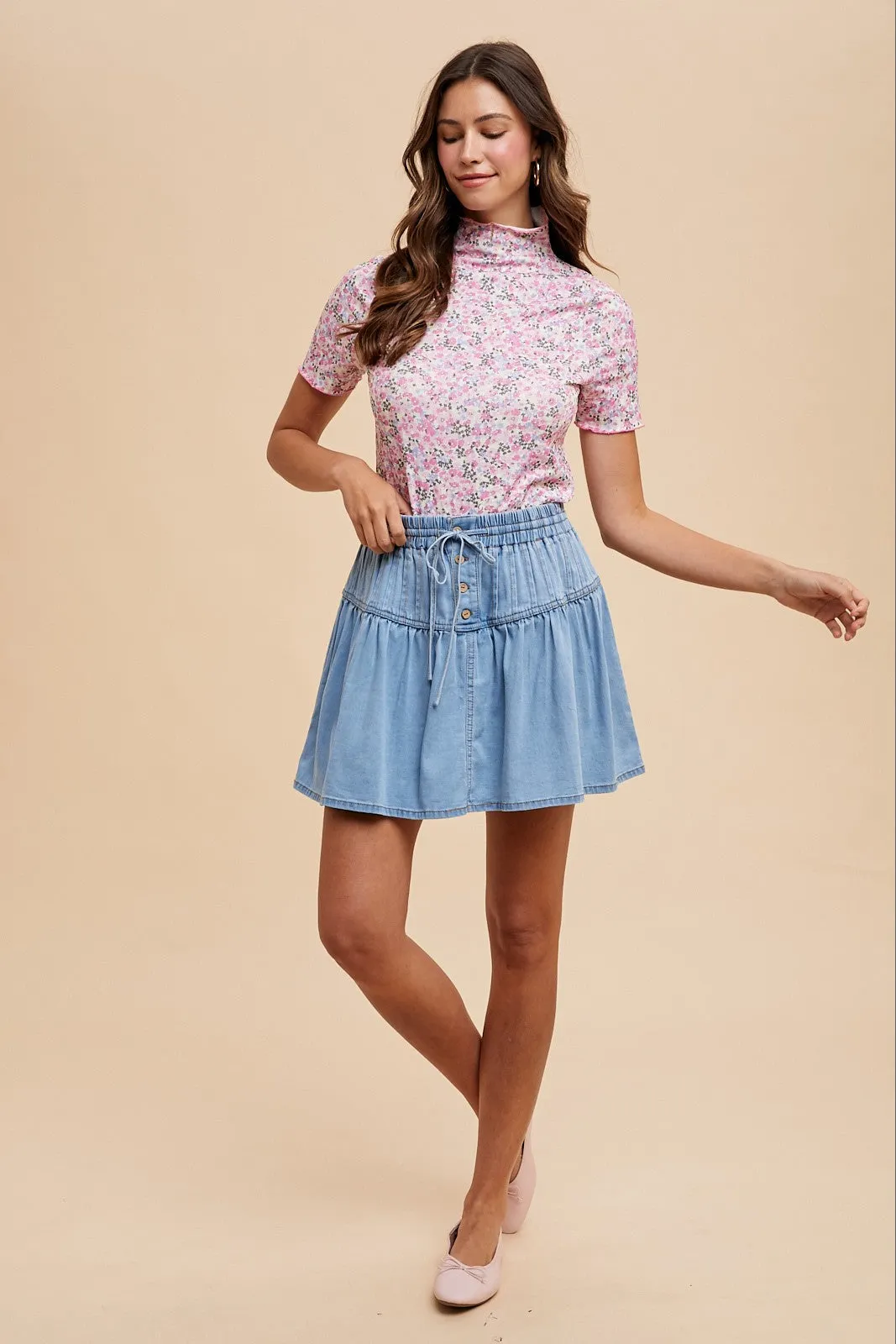 Pink Floral Ruffle Mock Neck Short Sleeve Top sold by Pinkblush product image thumbnail 4