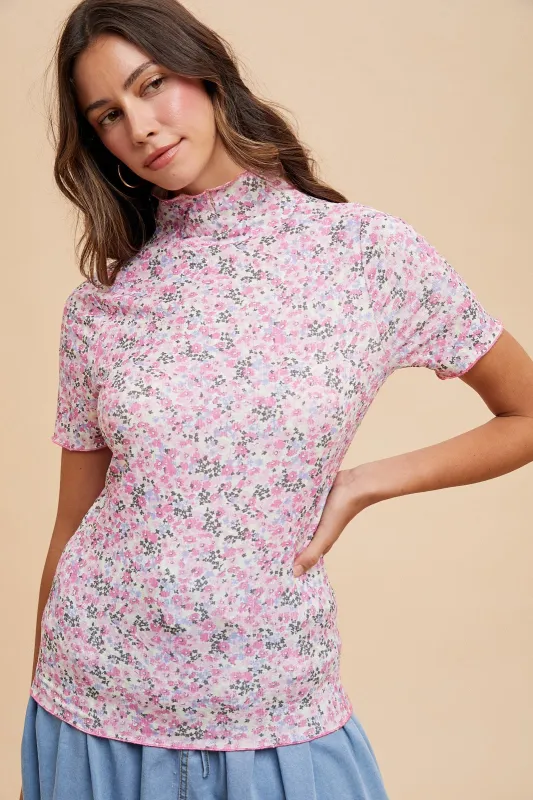 Pink Floral Ruffle Mock Neck Short Sleeve Top sold by Pinkblush