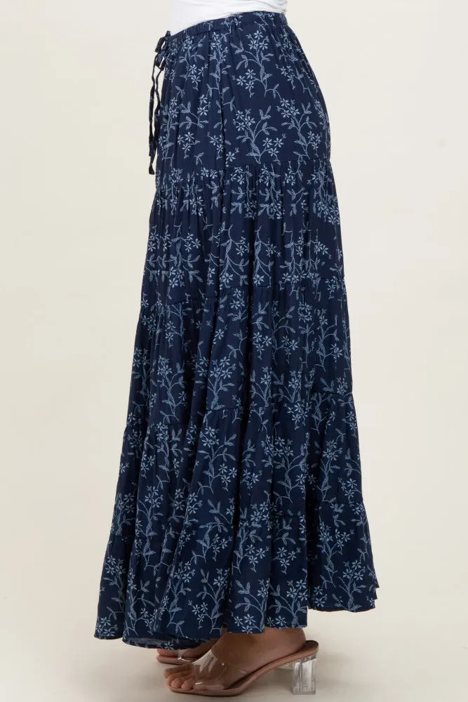 Navy Floral Drawstring Tiered Maxi Skirt sold by Pinkblush product image thumbnail 4