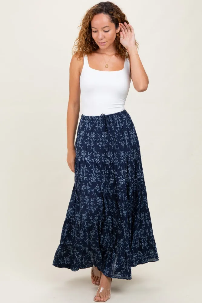 Navy Floral Drawstring Tiered Maxi Skirt sold by Pinkblush product image thumbnail 2