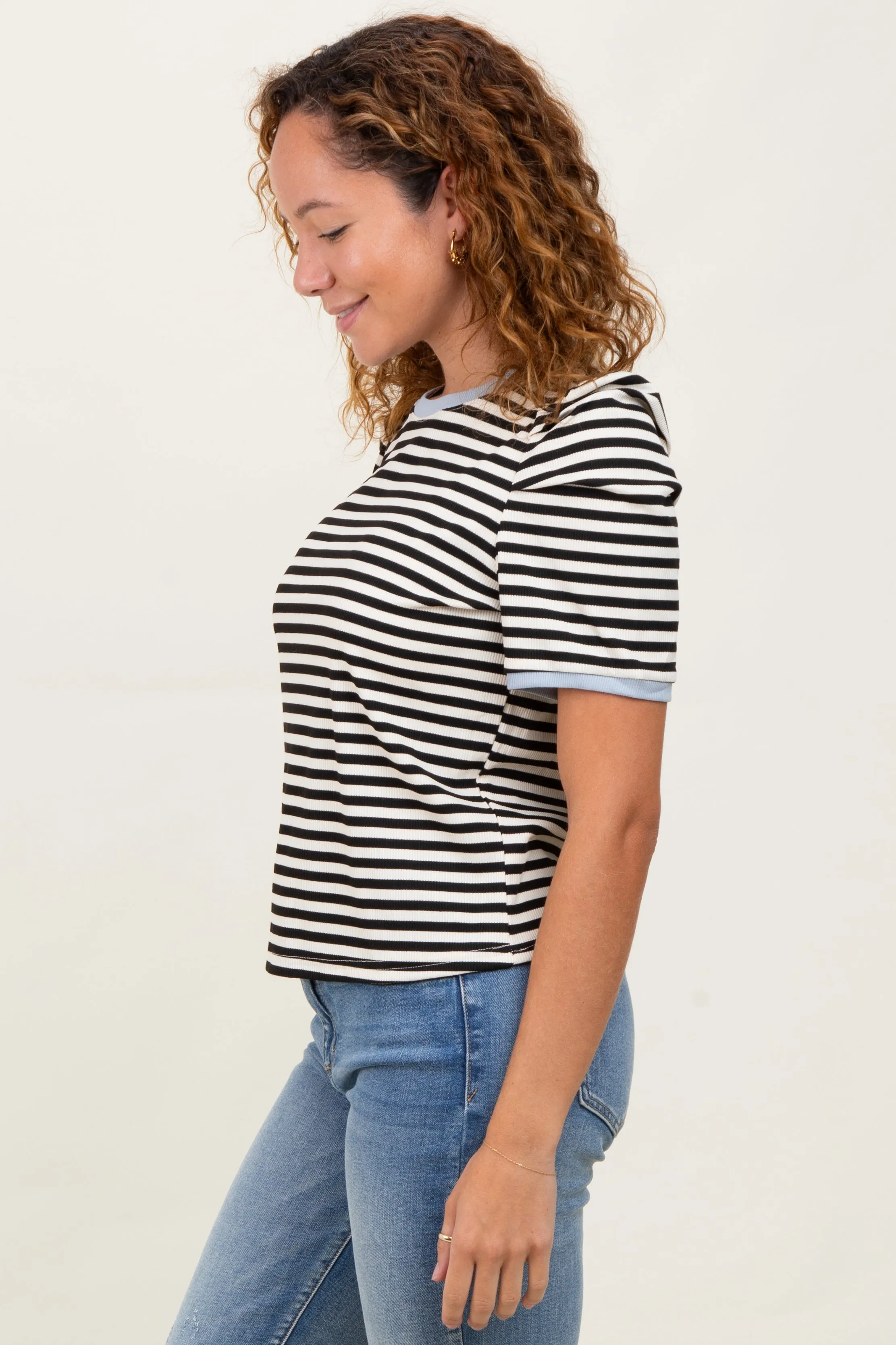 Black Striped Ribbed Puff Sleeve Top sold by Pinkblush product image thumbnail 3