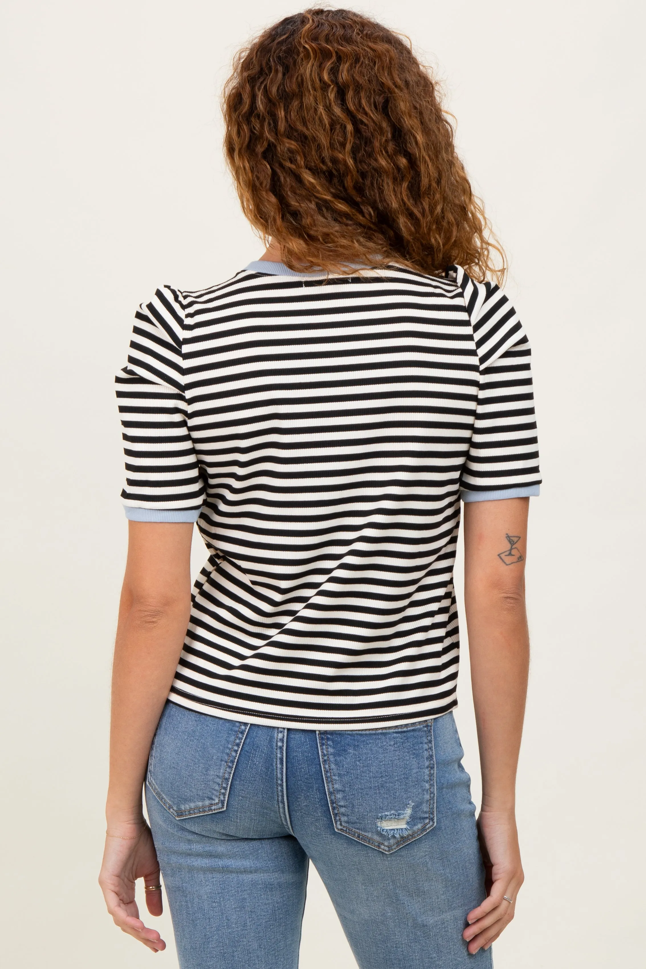Black Striped Ribbed Puff Sleeve Top sold by Pinkblush product image thumbnail 4