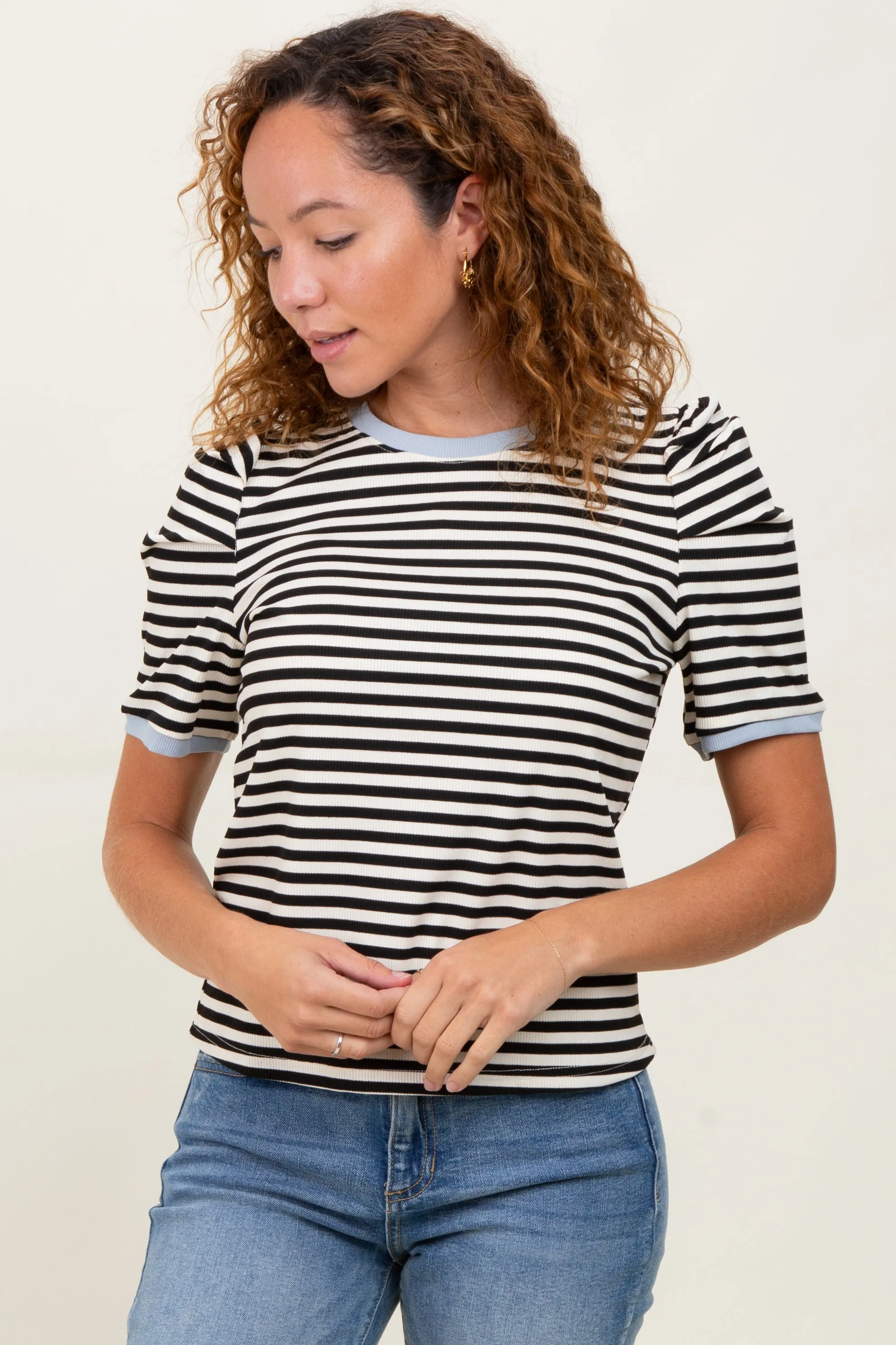 Black Striped Ribbed Puff Sleeve Top sold by Pinkblush