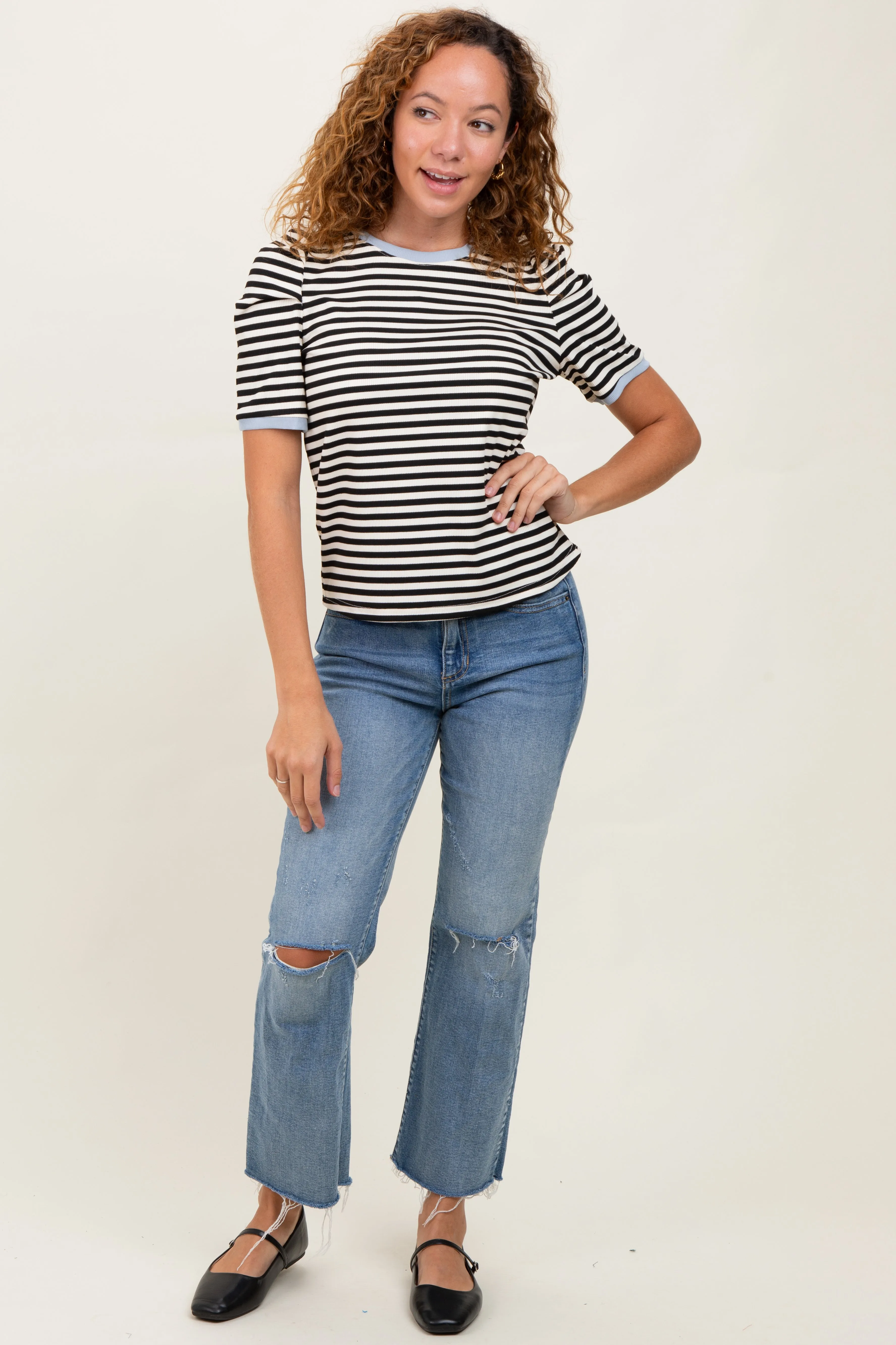 Black Striped Ribbed Puff Sleeve Top sold by Pinkblush product image thumbnail 2