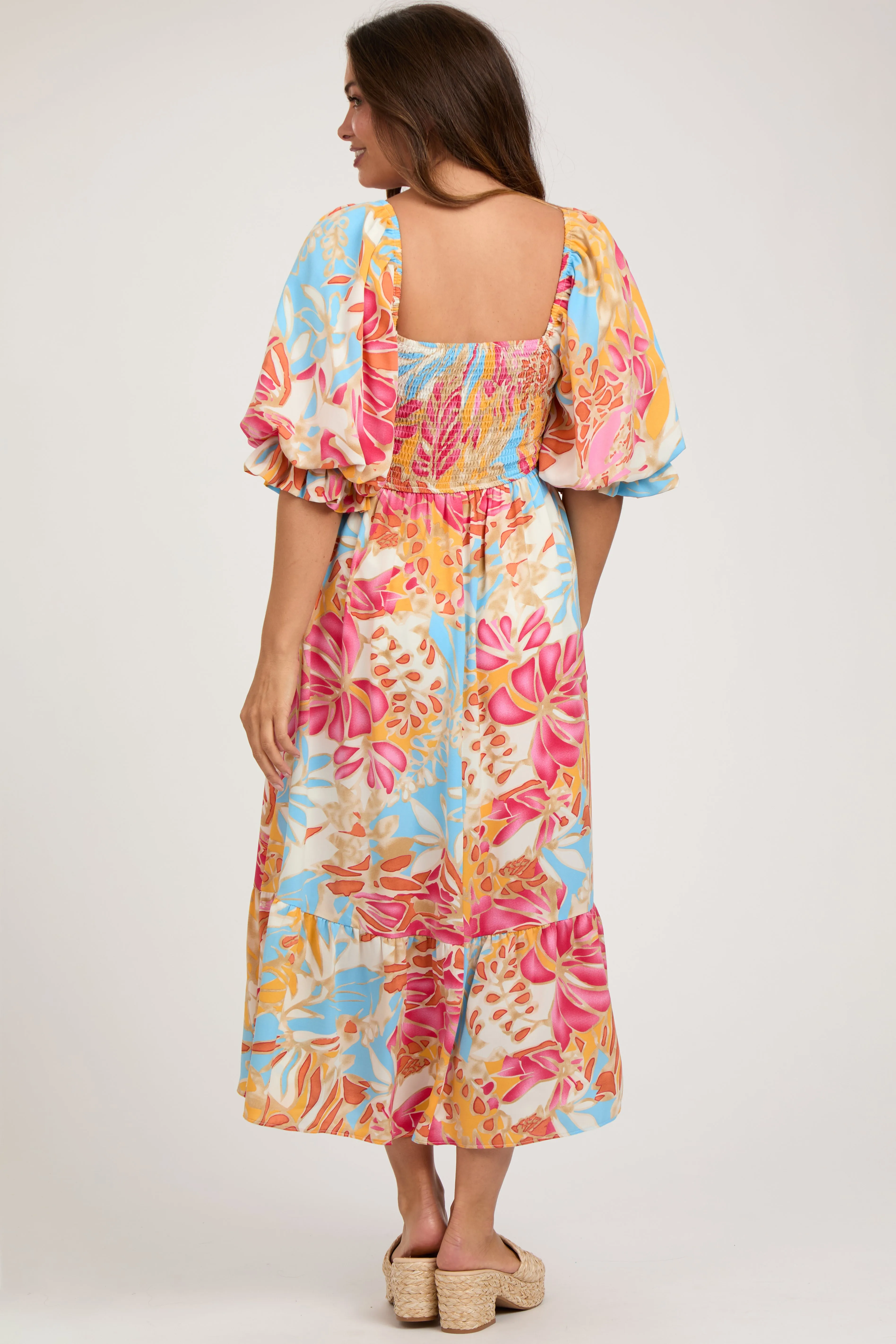 Fuchsia Leaf Print Puff Sleeve Smocked Maternity Midi Dress sold by Pinkblush product image thumbnail 4