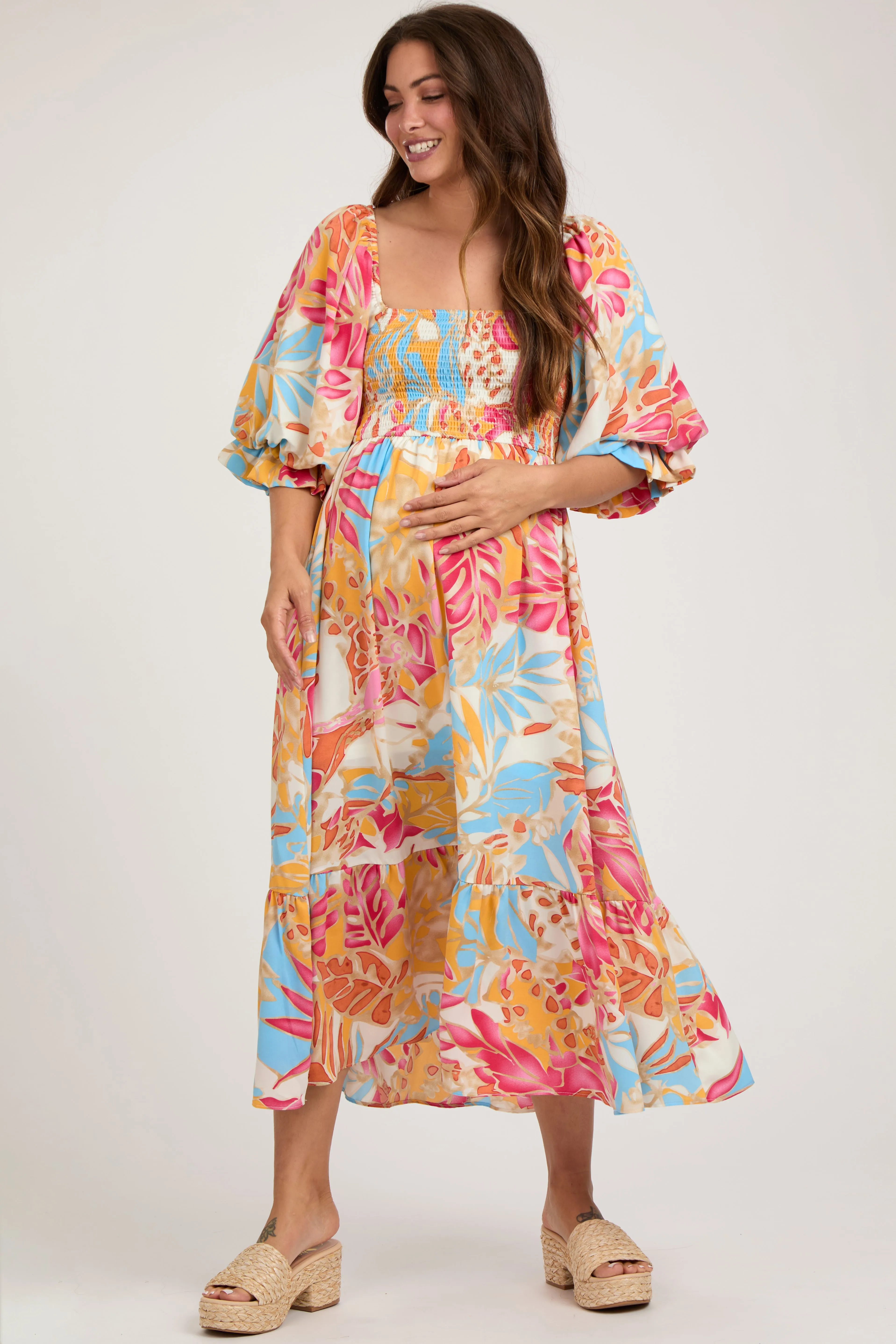 Fuchsia Leaf Print Puff Sleeve Smocked Maternity Midi Dress sold by Pinkblush