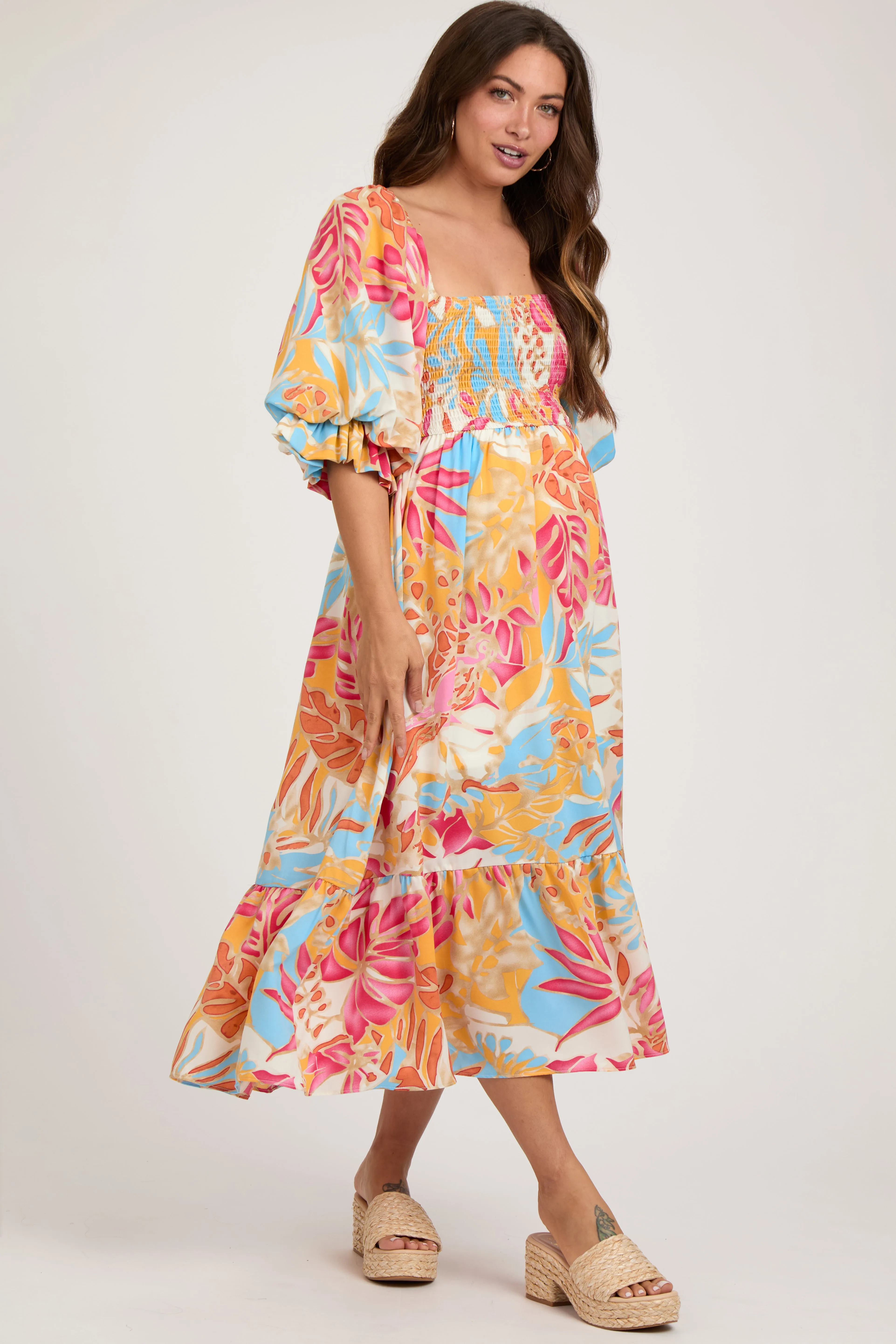 Fuchsia Leaf Print Puff Sleeve Smocked Maternity Midi Dress sold by Pinkblush product image thumbnail 2