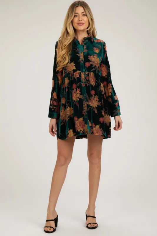Forest Green Velvet Floral Burnout Button Front Long Sleeve Maternity Dress sold by Pinkblush