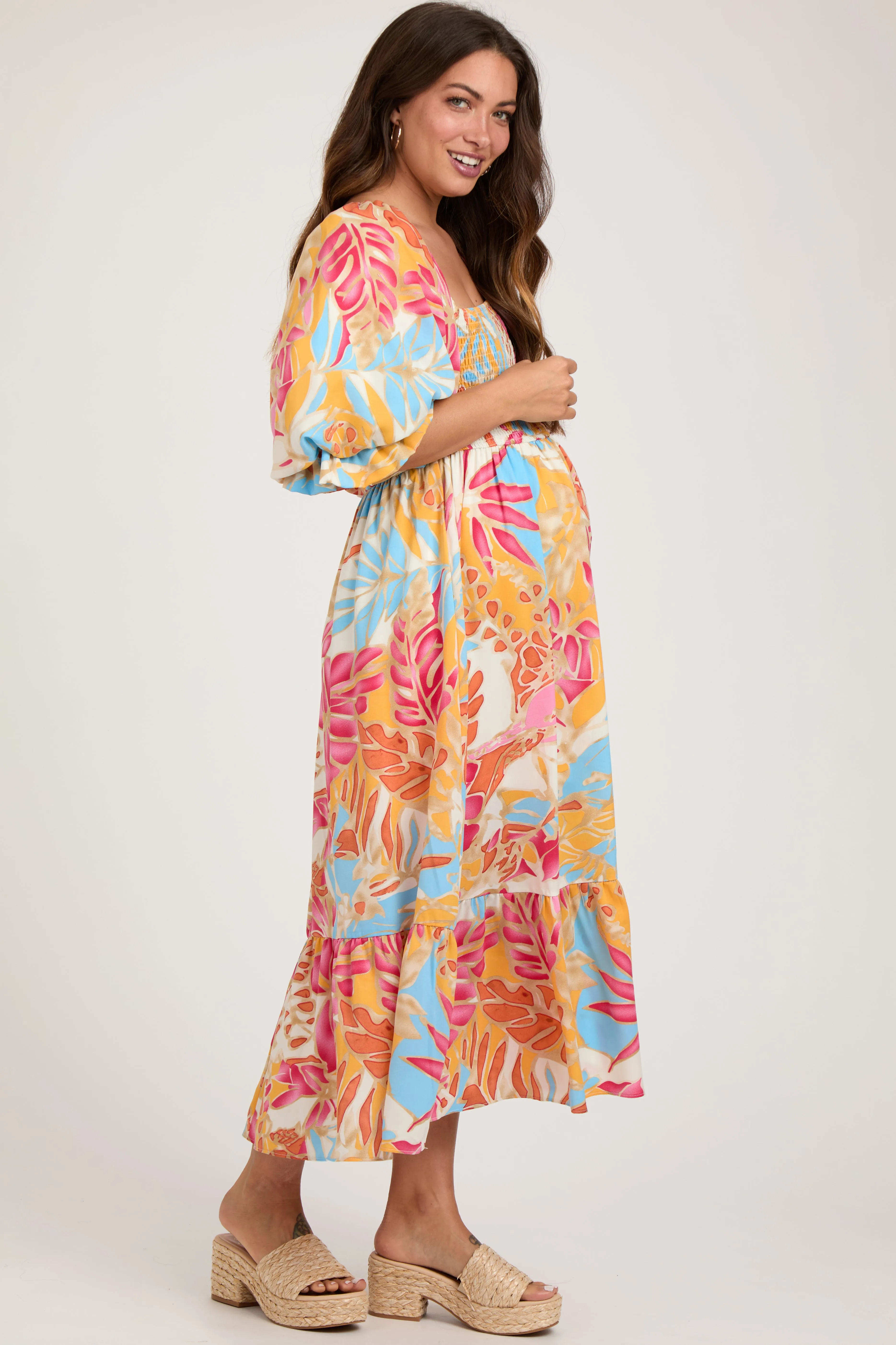 Fuchsia Leaf Print Puff Sleeve Smocked Maternity Midi Dress sold by Pinkblush product image thumbnail 3