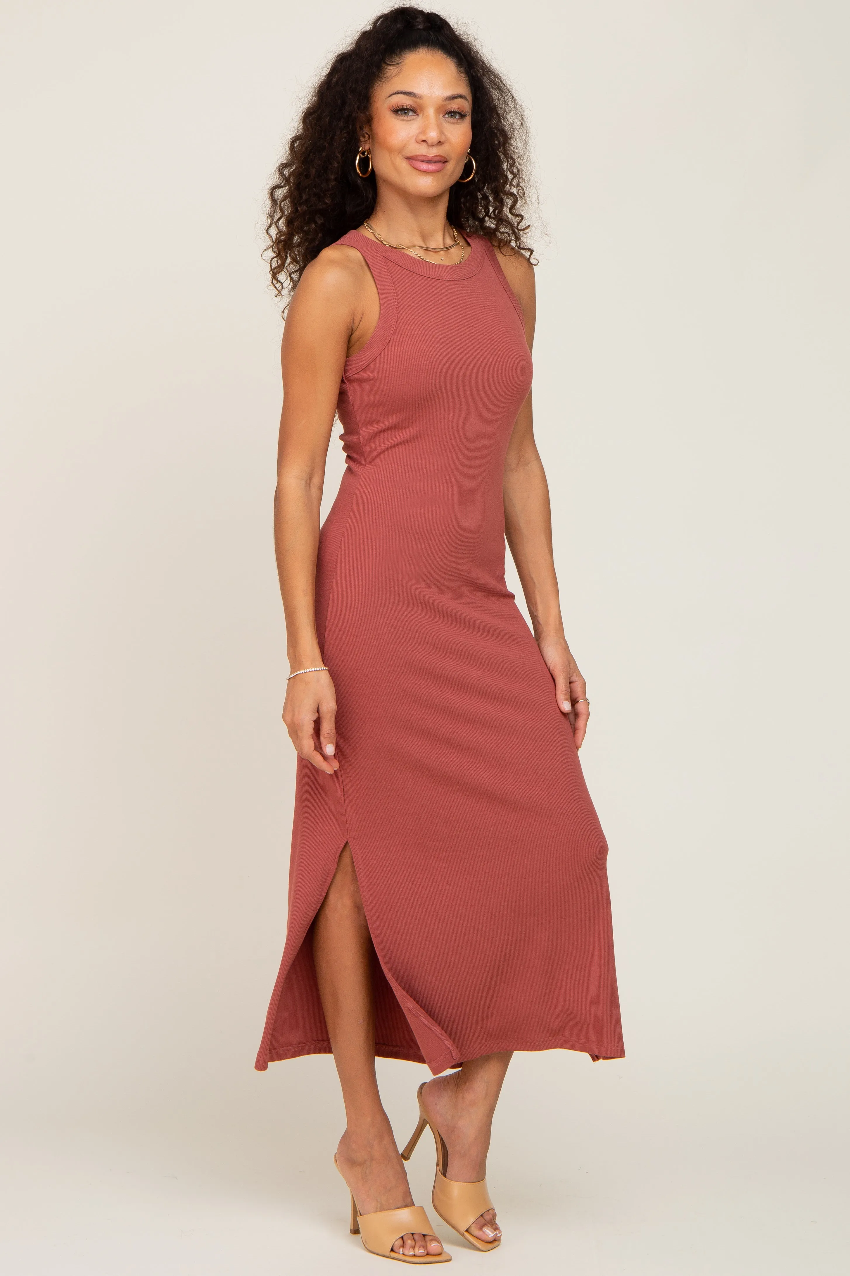Rust Ribbed Side Slit Tank Dress sold by Pinkblush product image thumbnail 2
