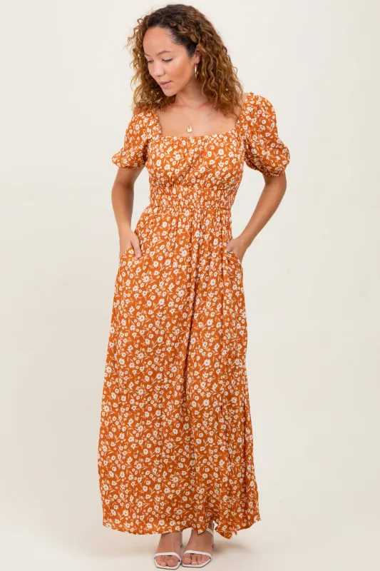 Orange Floral Puff Sleeve Side Slit Midi Dress sold by Pinkblush