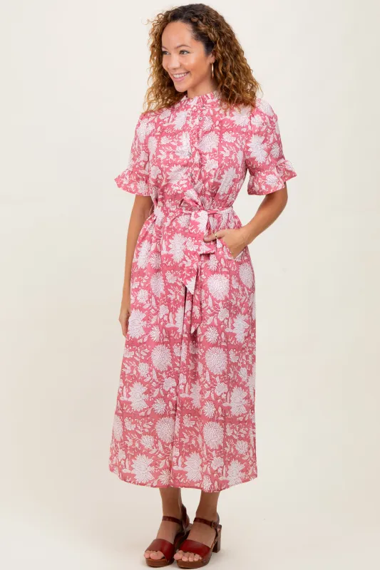 Pink Floral Ruffle Button Up Neckline Midi Dress sold by Pinkblush