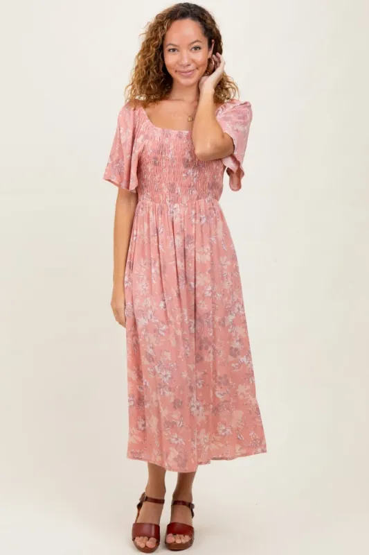 Pink Floral Smocked Midi Dress sold by Pinkblush