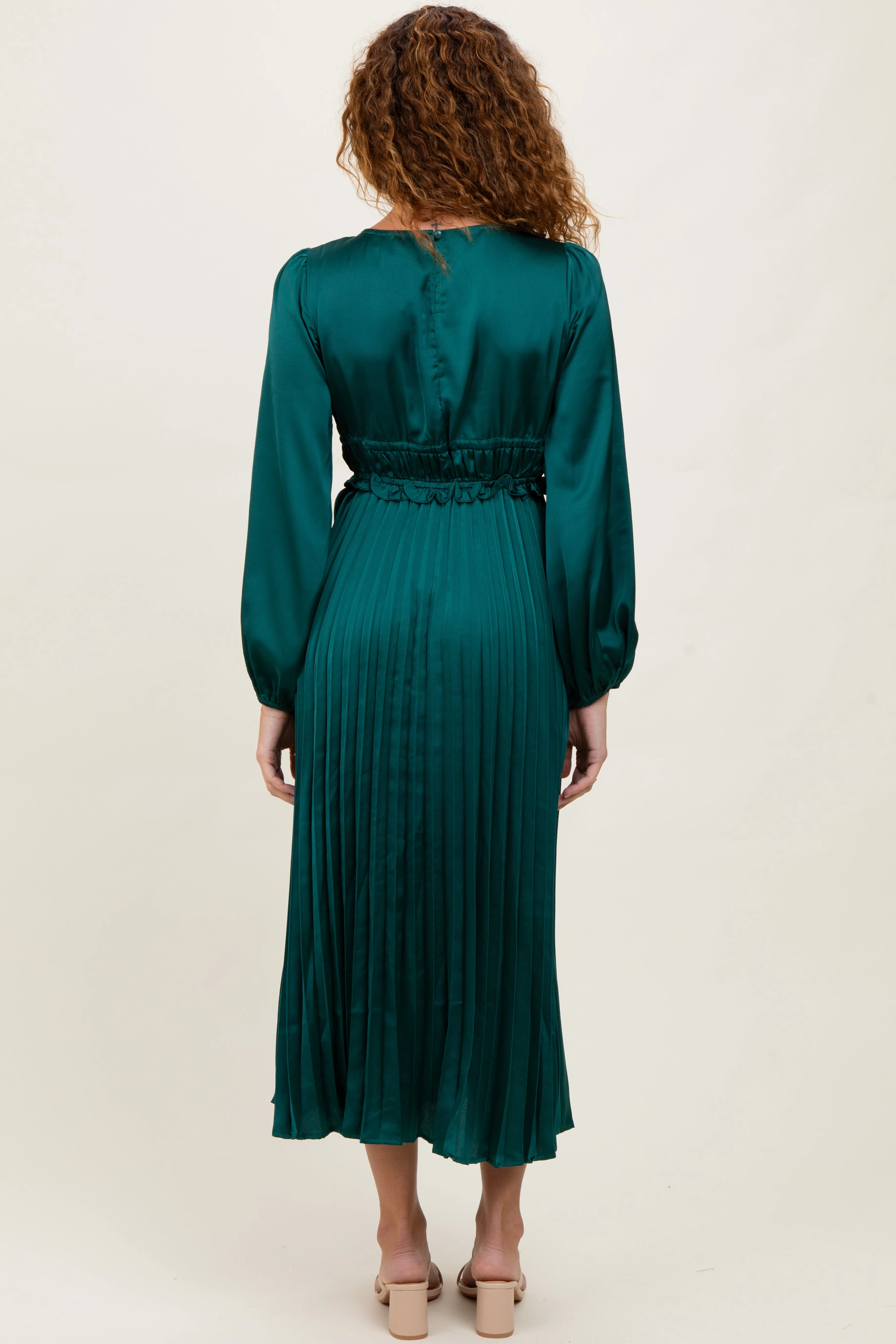 Forest Green Pleated Satin Smocked Waist Midi Dress sold by Pinkblush product image thumbnail 4