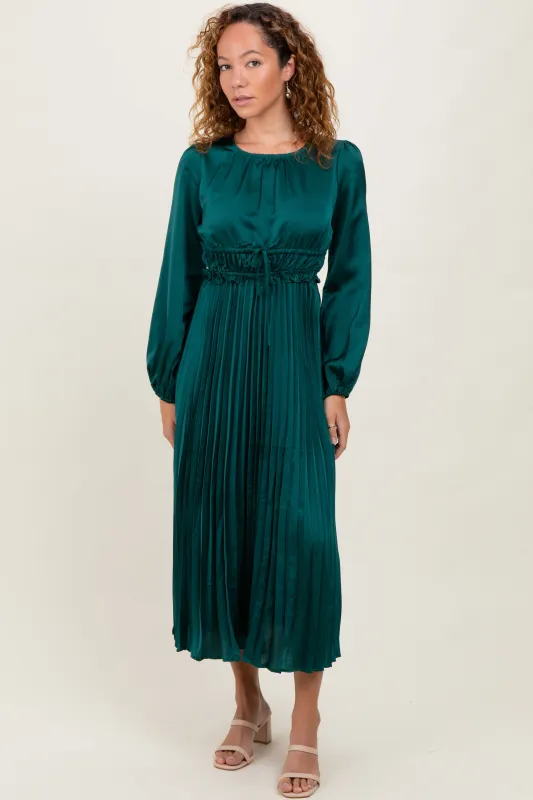 Forest Green Pleated Satin Smocked Waist Midi Dress sold by Pinkblush