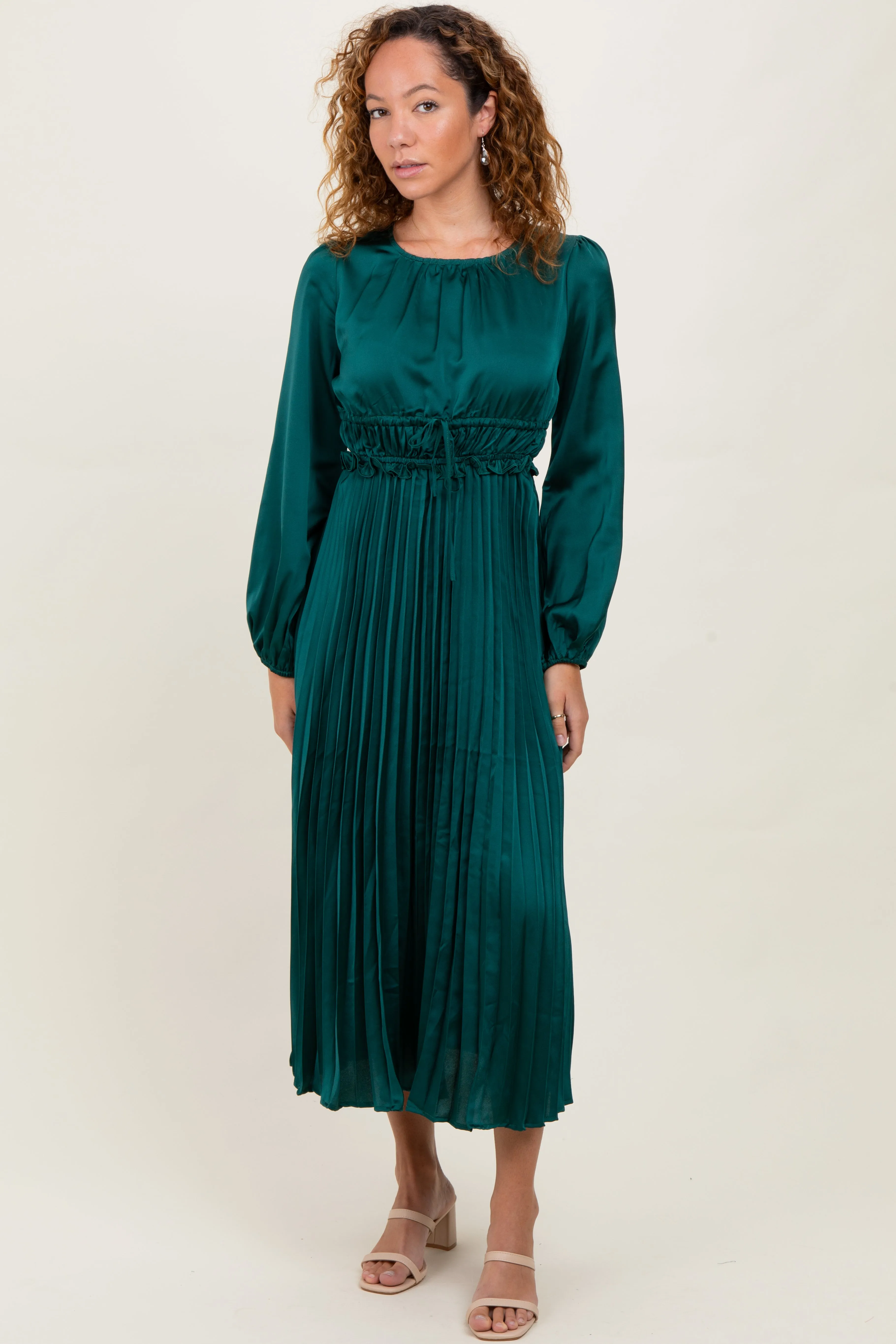 Forest Green Pleated Satin Smocked Waist Midi Dress sold by Pinkblush