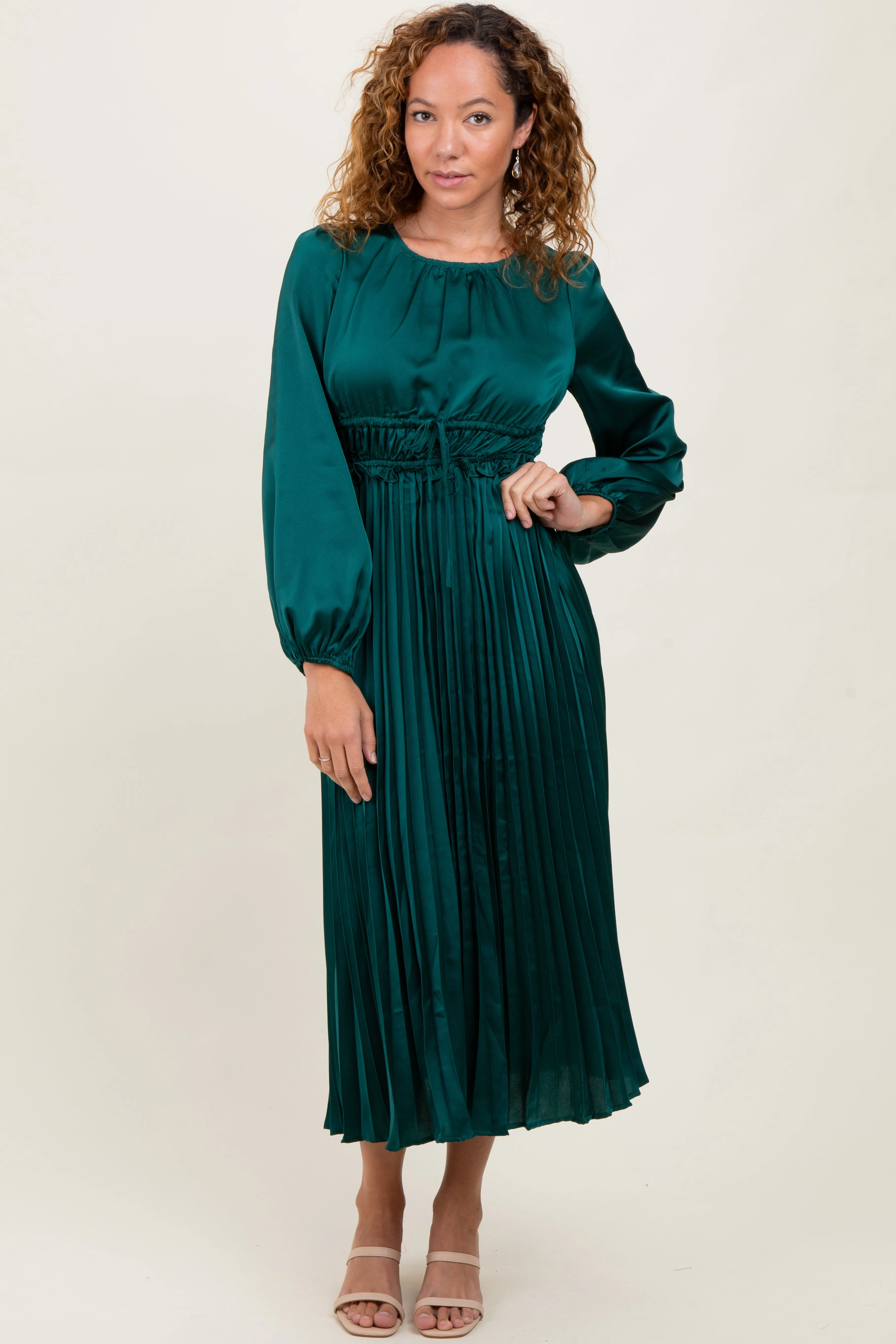 Forest Green Pleated Satin Smocked Waist Midi Dress sold by Pinkblush product image thumbnail 2