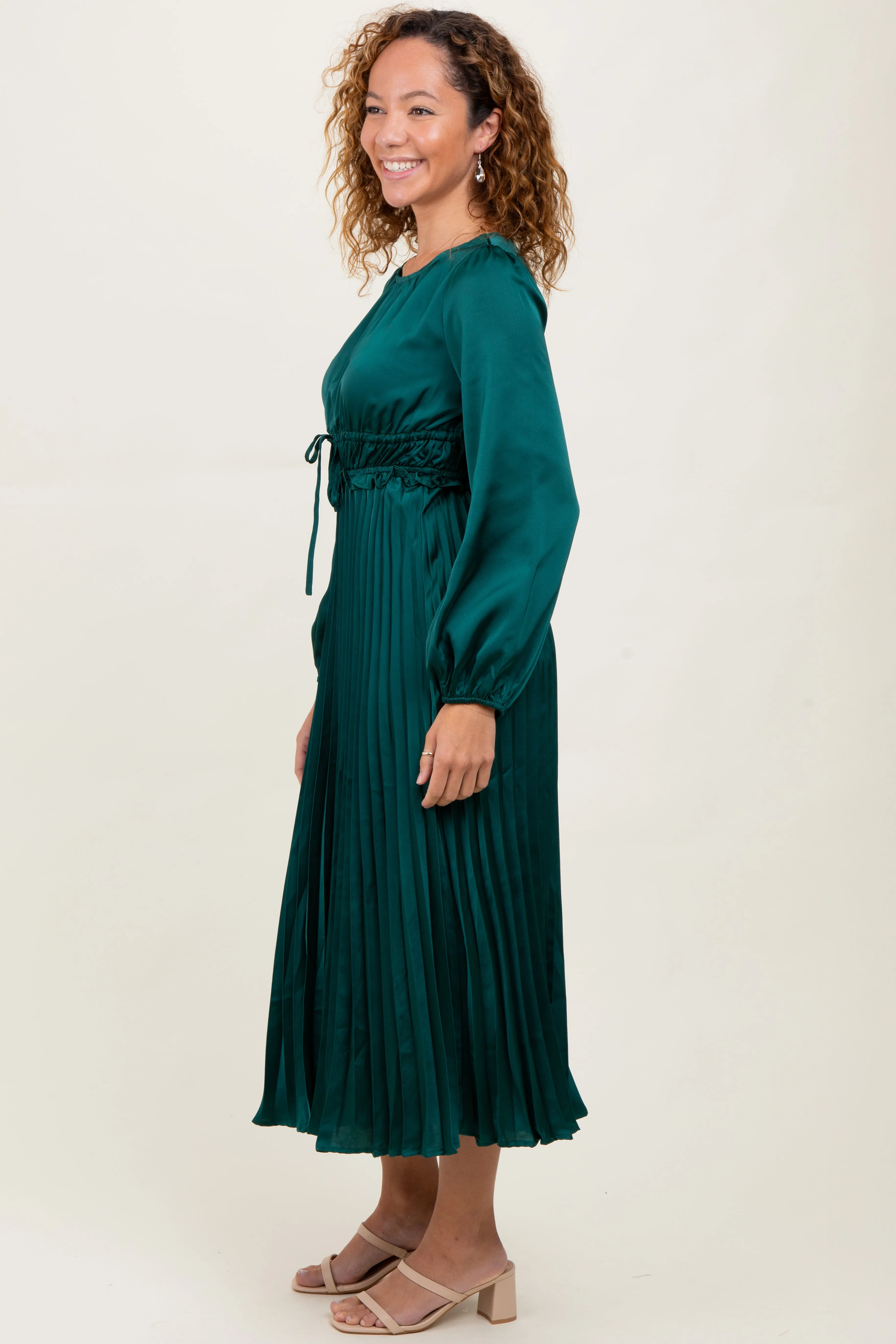 Forest Green Pleated Satin Smocked Waist Midi Dress sold by Pinkblush product image thumbnail 3