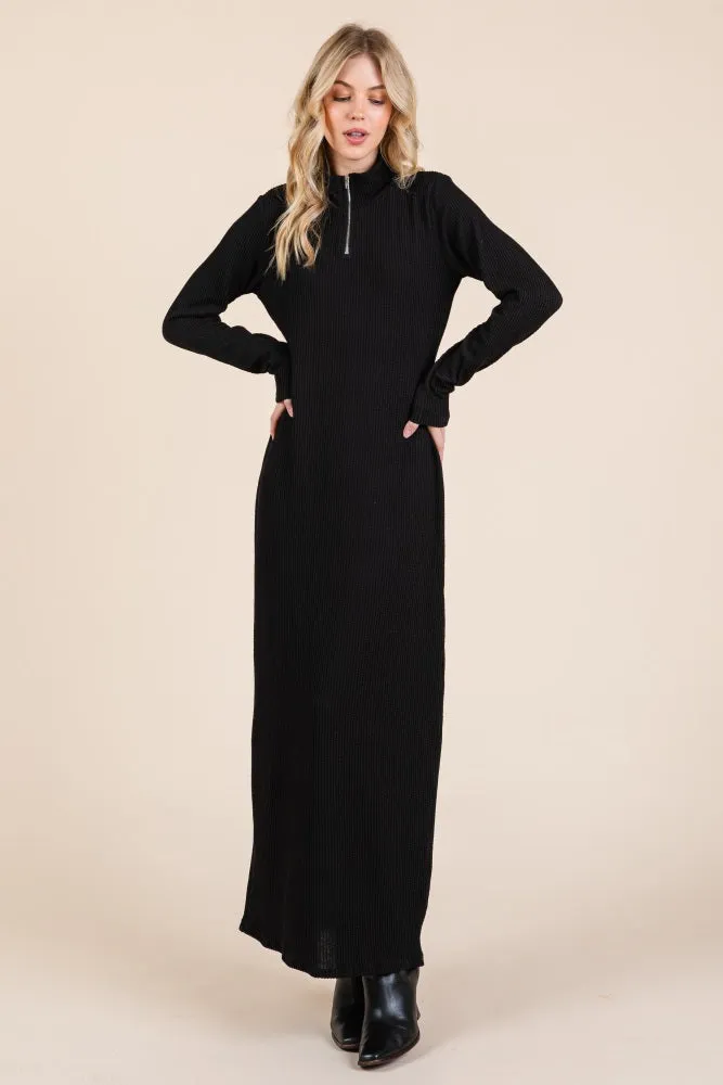 Black Textured Rib Quarter Zip Maxi Dress sold by Pinkblush