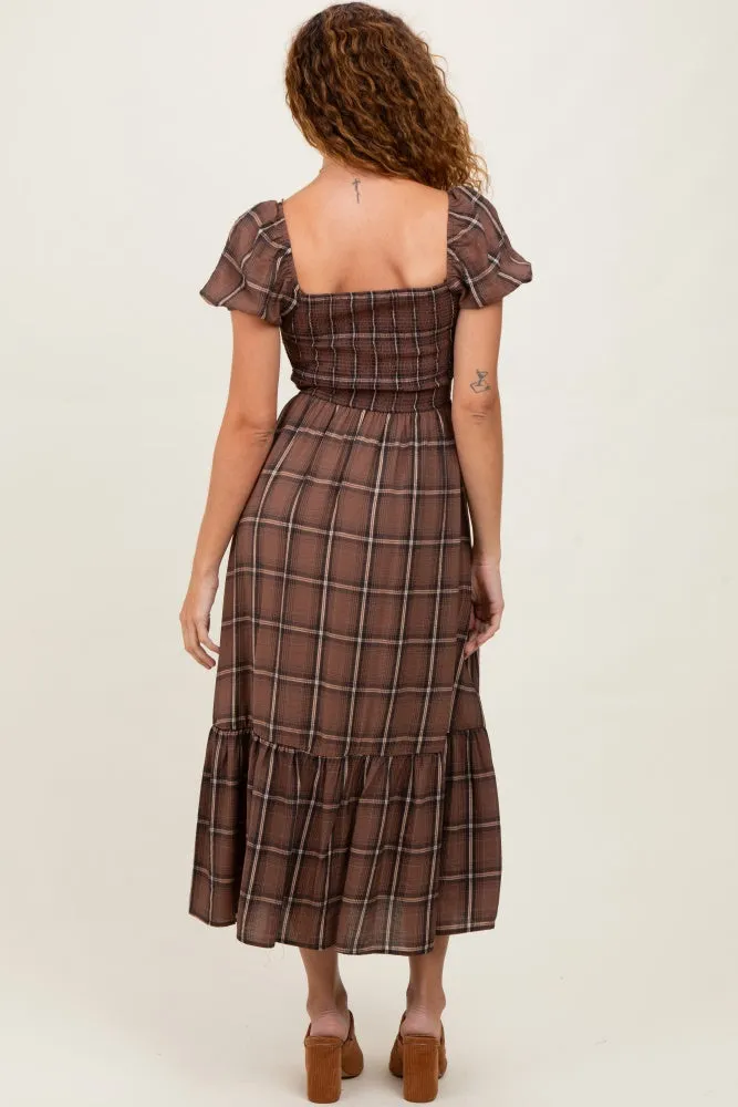 Brown Plaid Smocked Puff Sleeve Midi Dress sold by Pinkblush product image thumbnail 4
