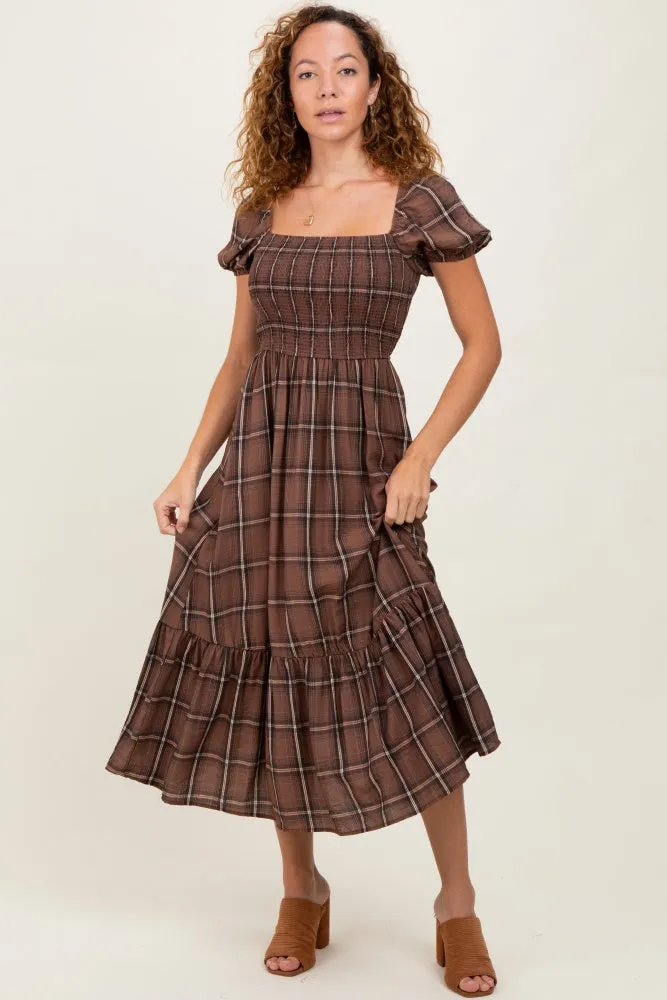 Brown Plaid Smocked Puff Sleeve Midi Dress sold by Pinkblush