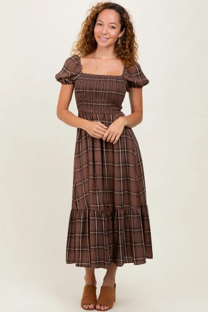 Brown Plaid Smocked Puff Sleeve Midi Dress sold by Pinkblush product image thumbnail 2
