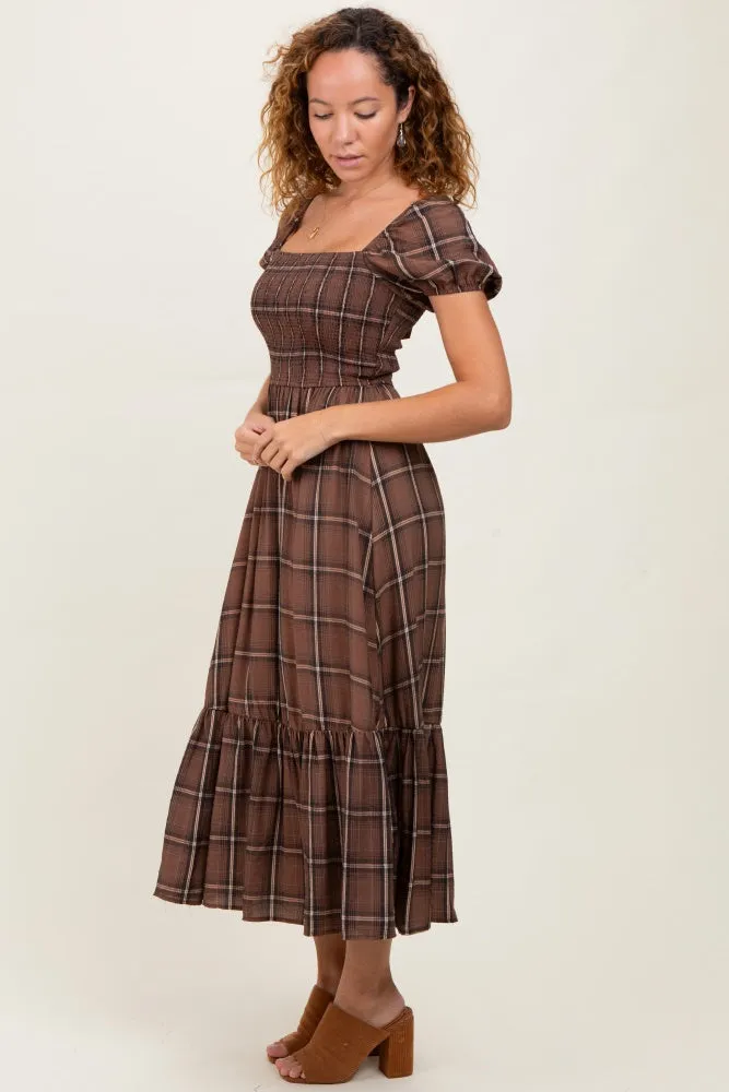 Brown Plaid Smocked Puff Sleeve Midi Dress sold by Pinkblush product image thumbnail 3