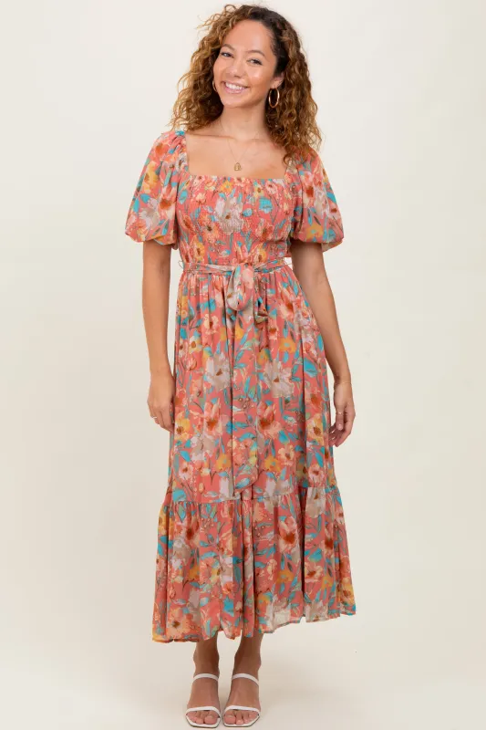 Pink Floral Smocked Puffed Sleeve Midi Dress sold by Pinkblush
