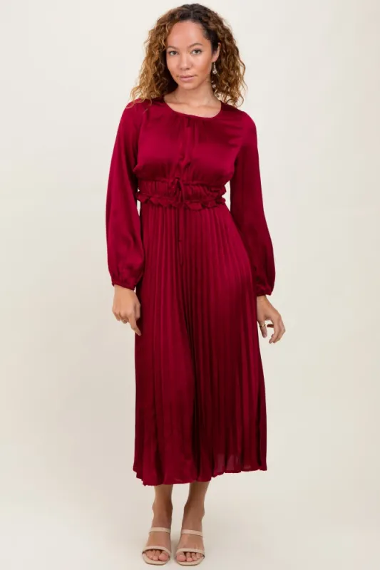 Burgundy Pleated Satin Smocked Waist Midi Dress sold by Pinkblush