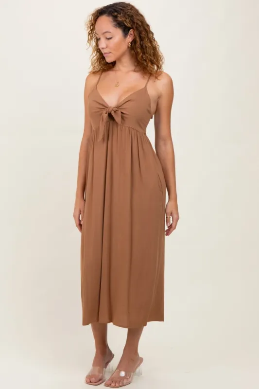 Camel Front Tie Sleeveless Midi Dress sold by Pinkblush