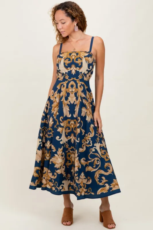 Dark Teal Damask Sleeveless Maxi Dress sold by Pinkblush