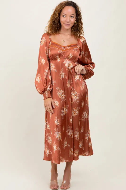 Rust Satin Floral Bubble Sleeve Midi Dress sold by Pinkblush