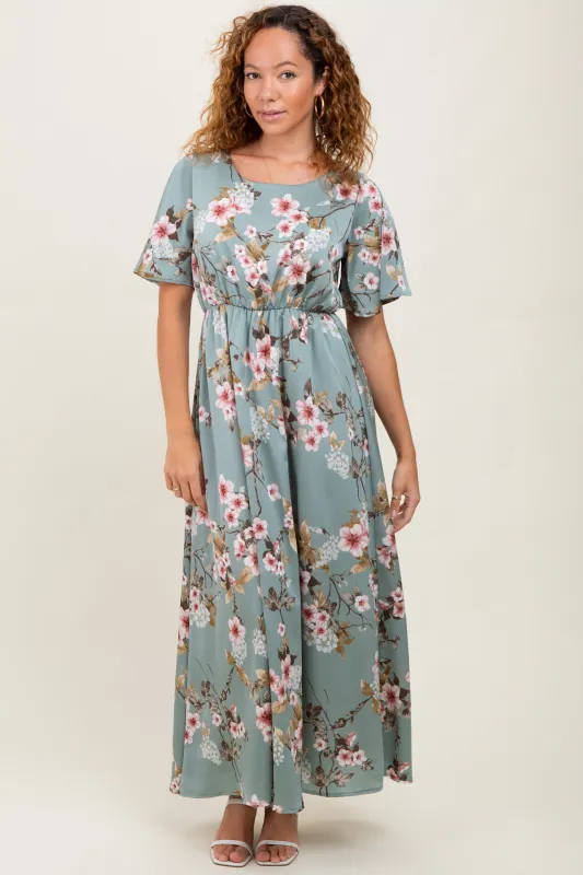 Light Olive Floral Flutter Sleeve Maxi Dress sold by Pinkblush