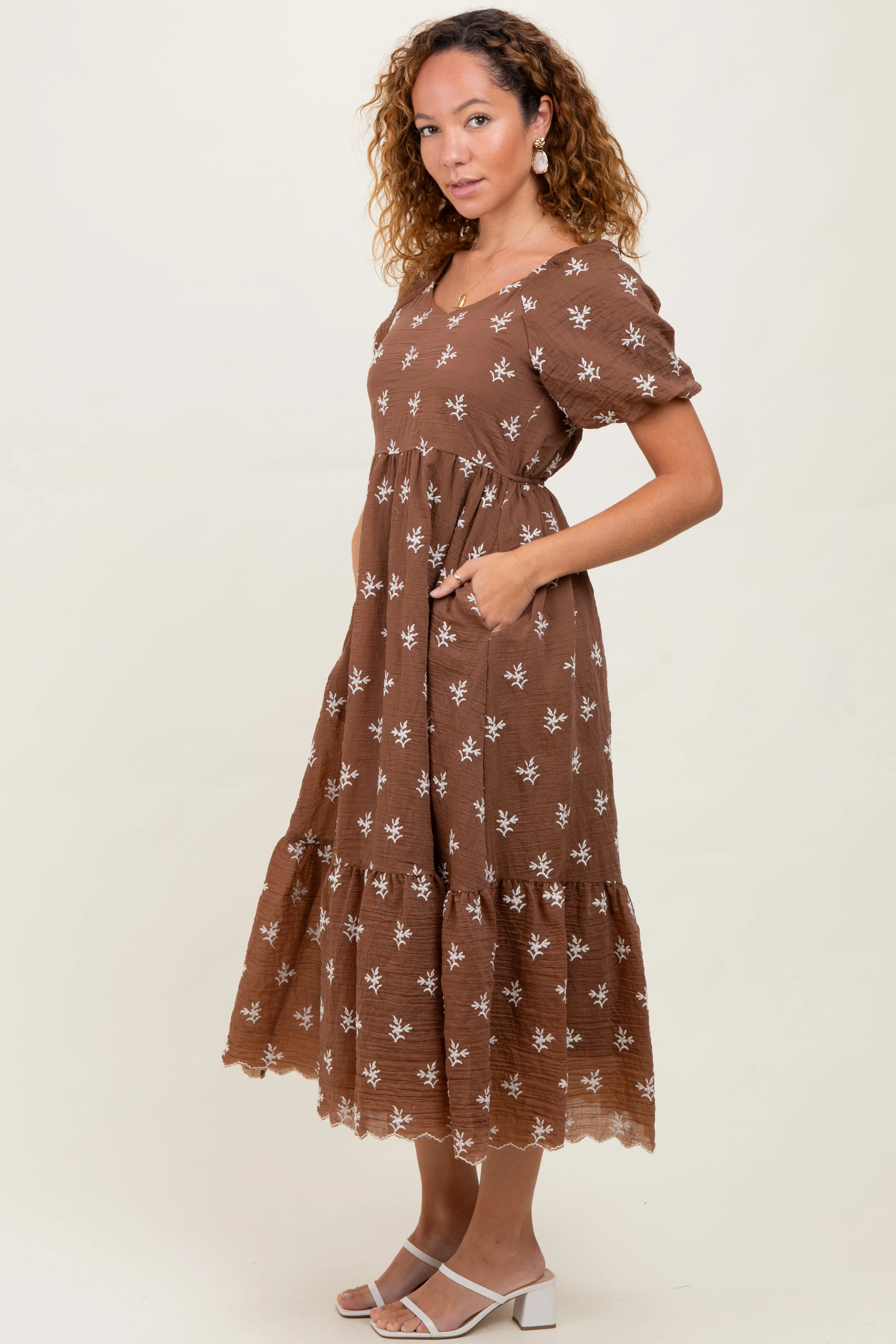 Brown Floral Embroidered Tiered Midi Dress sold by Pinkblush product image thumbnail 2