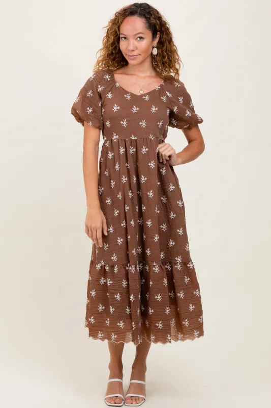 Brown Floral Embroidered Tiered Midi Dress sold by Pinkblush