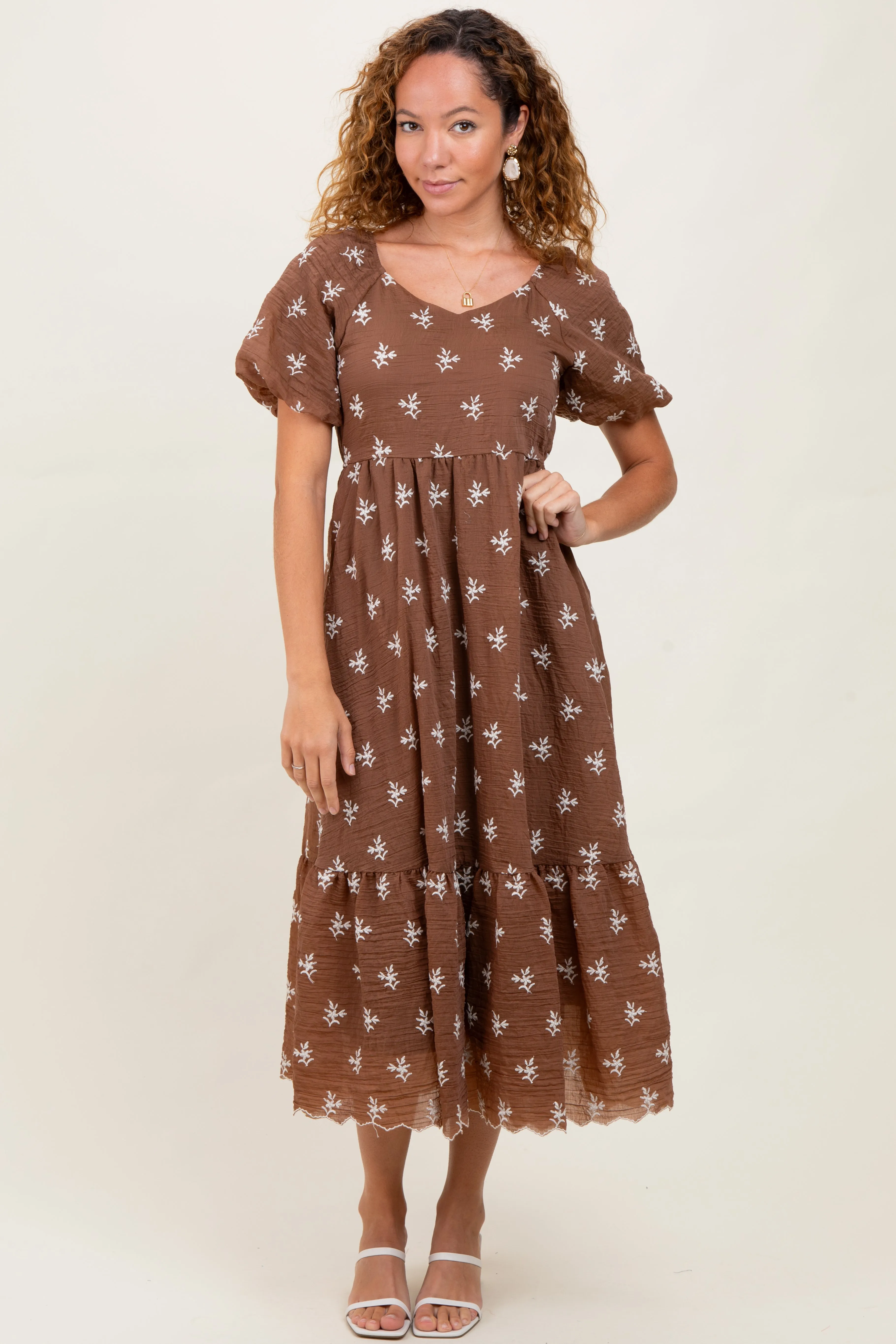 Brown Floral Embroidered Tiered Midi Dress sold by Pinkblush