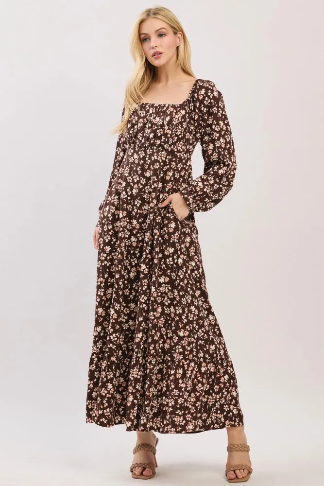 Brown Floral Square Neck Long Sleeve Maxi Dress sold by Pinkblush product image thumbnail 2