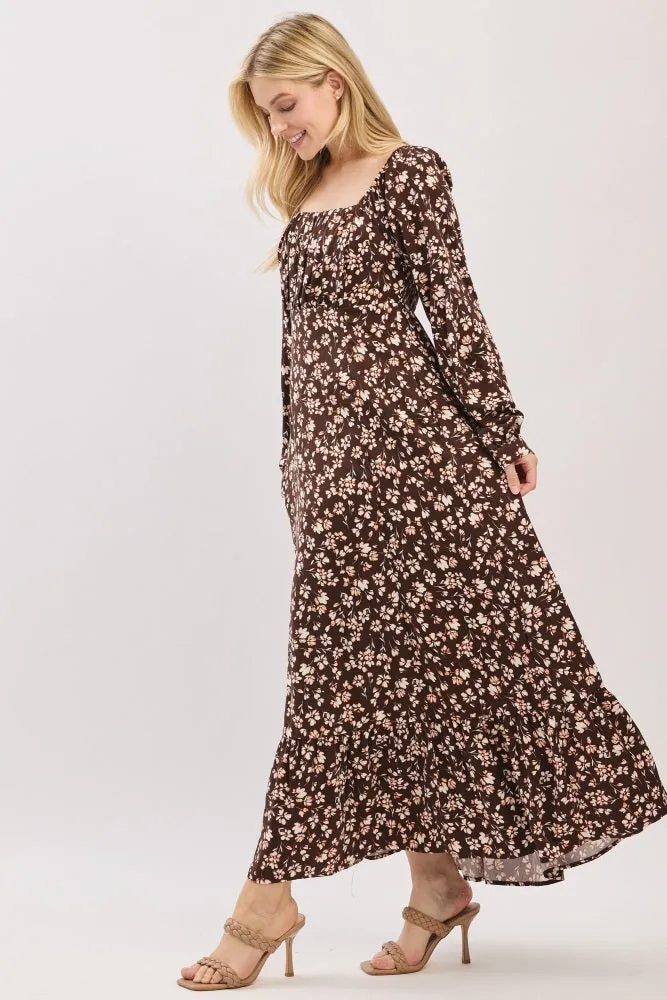 Brown Floral Square Neck Long Sleeve Maxi Dress sold by Pinkblush product image thumbnail 3