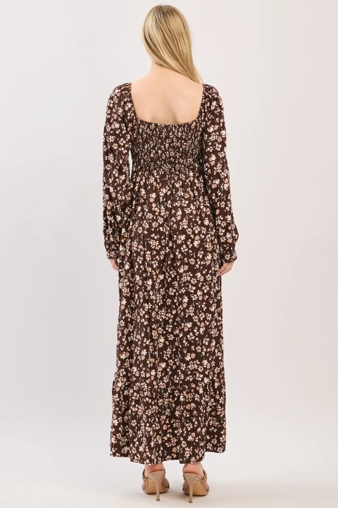Brown Floral Square Neck Long Sleeve Maxi Dress sold by Pinkblush product image thumbnail 4